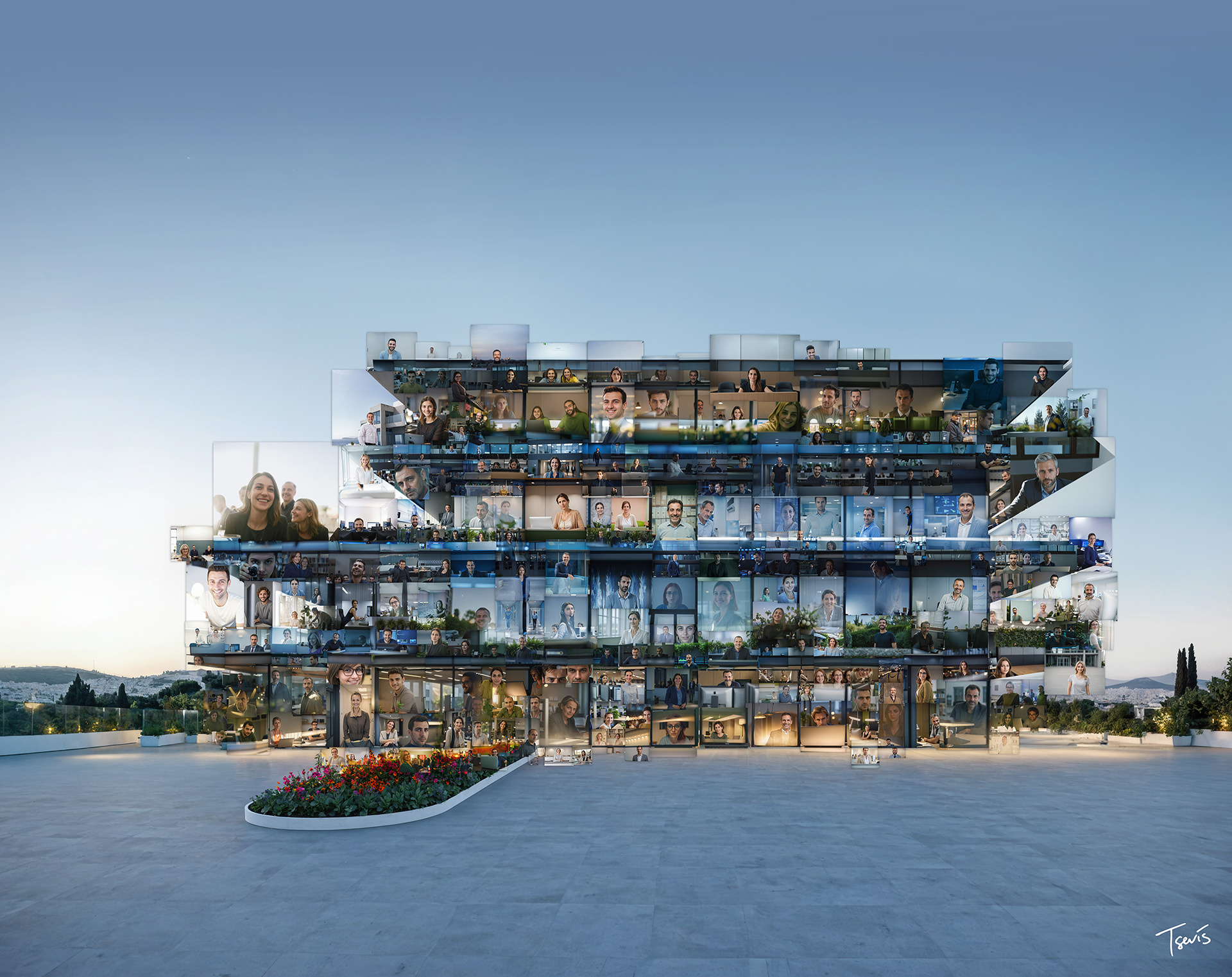 Modern glass office building constructed as a photomosaic of diverse employee portraits against clear sky.