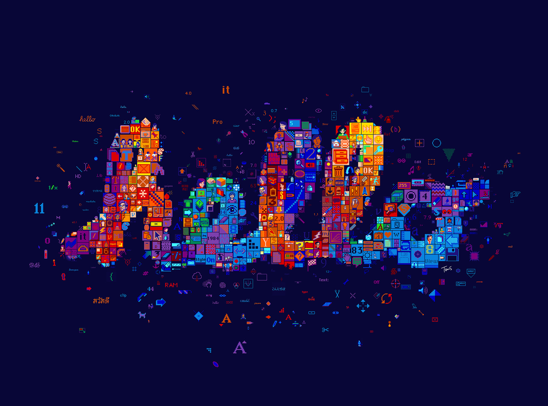 Digital mosaic portrait by Charis Tsevis created with technology-themed images showing Industry 4.0 concepts, artificial intelligence, and digital connectivity in vibrant colors against dark background