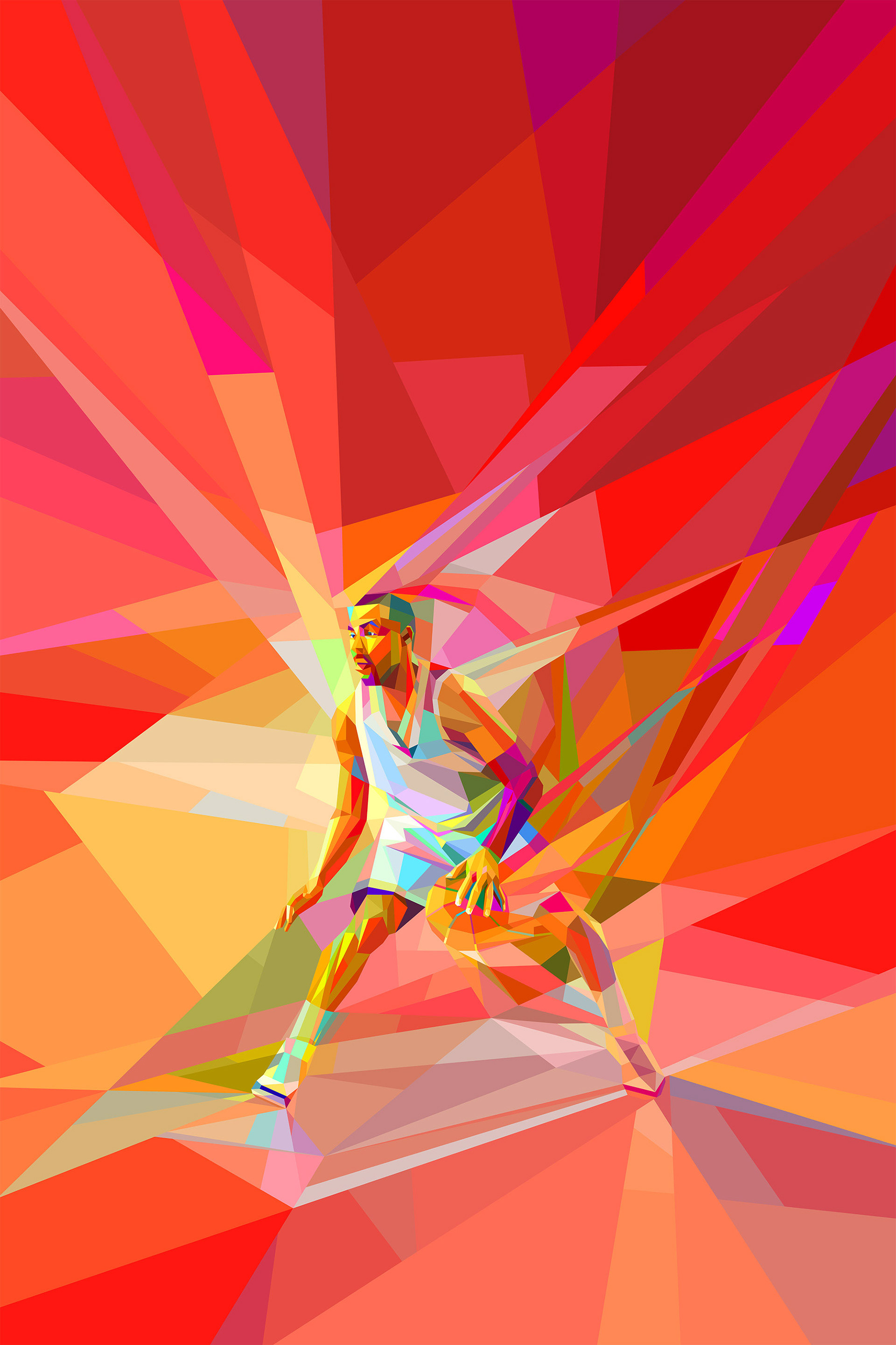 A colorful neofuturistic illustration of a basketball player dribbling the ball, set against a radiant red and orange background.