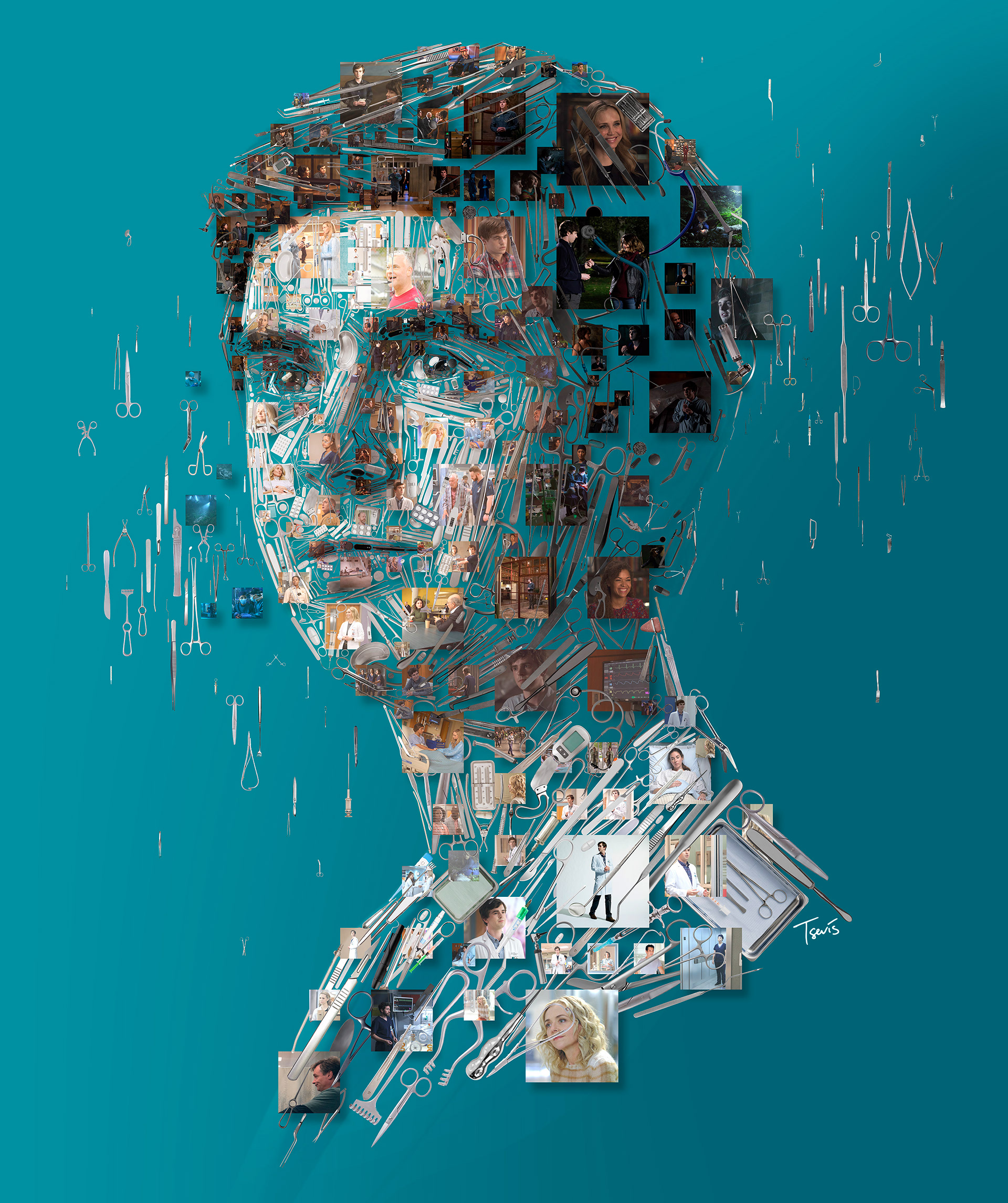 Doctor's portrait of surgery tools with photo collage, digital mosaic illustration