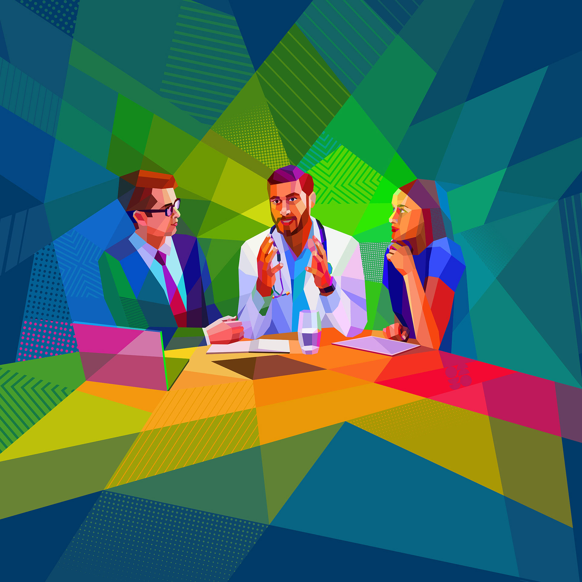 Dr. Explanation in colorful vector illustration, Medical branding artwork
