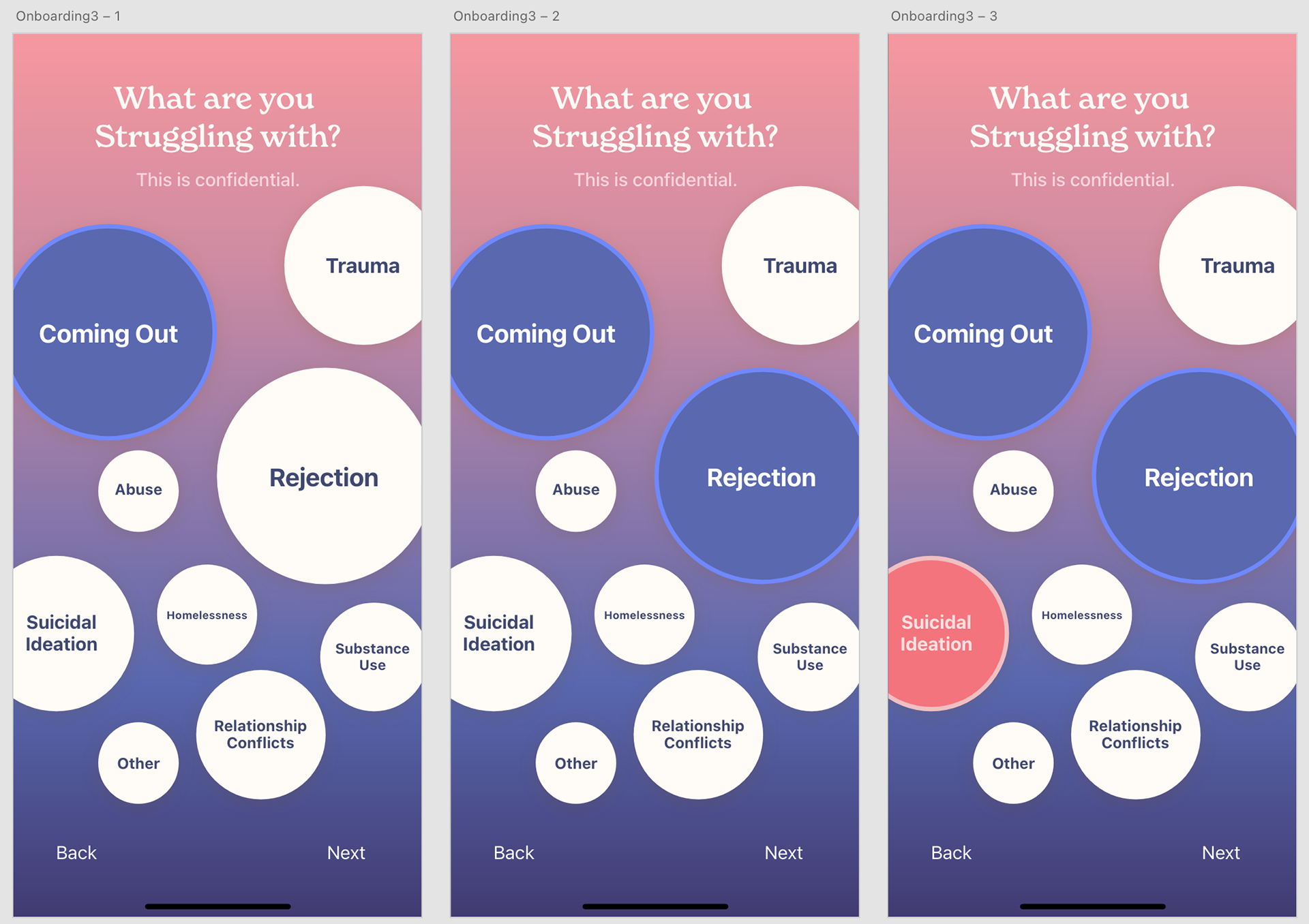 Example of prototype flow when choosing what user struggles with.
