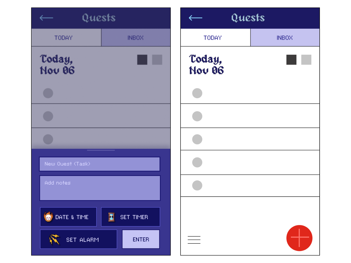 We created an “Add Quest” on the home page as well as here in the Inbox/Today page–you can see here we only have TODAY and INBOX but no “UPCOMING” or calendar view–we found out how to add this in later in our prototype 2.