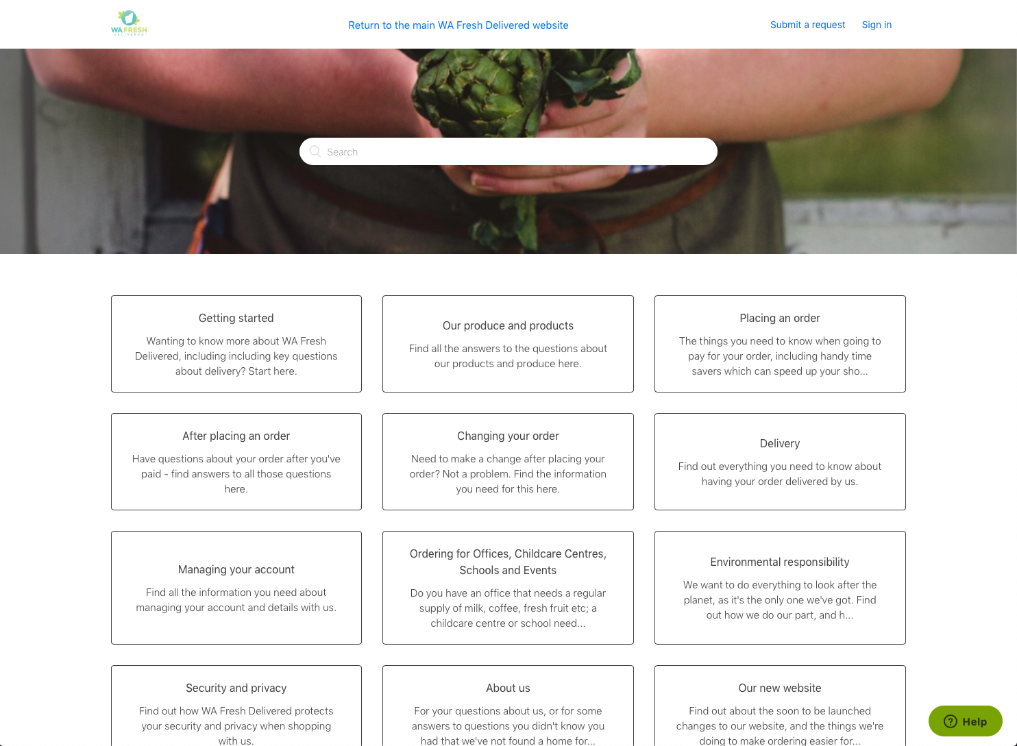 WA Fresh Delivered's customer Help Centre, implemented during my time leveraging the Zendesk Guide platform