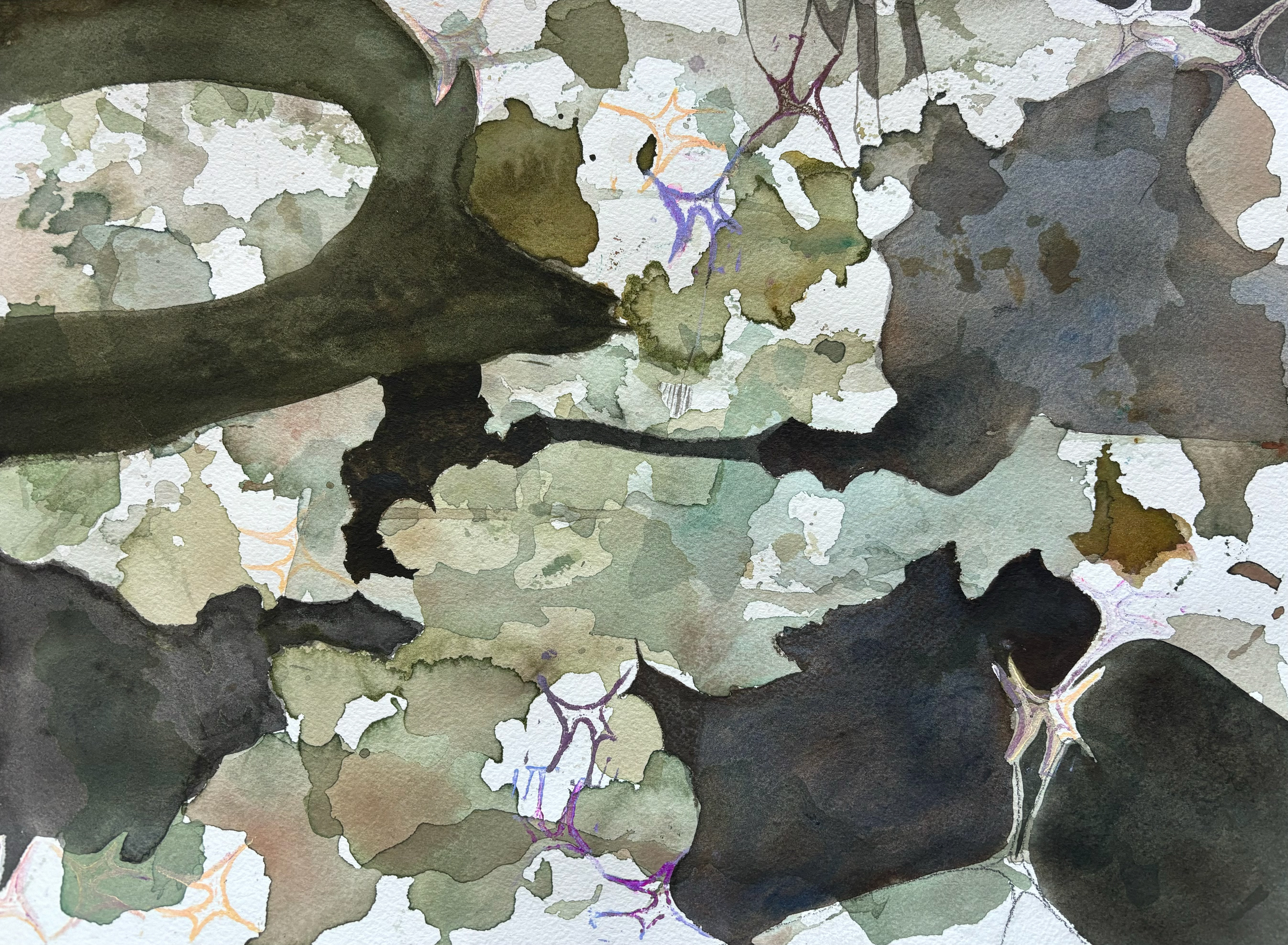 rock painting, watercolor and lino print on paper, 11"x15", 2024