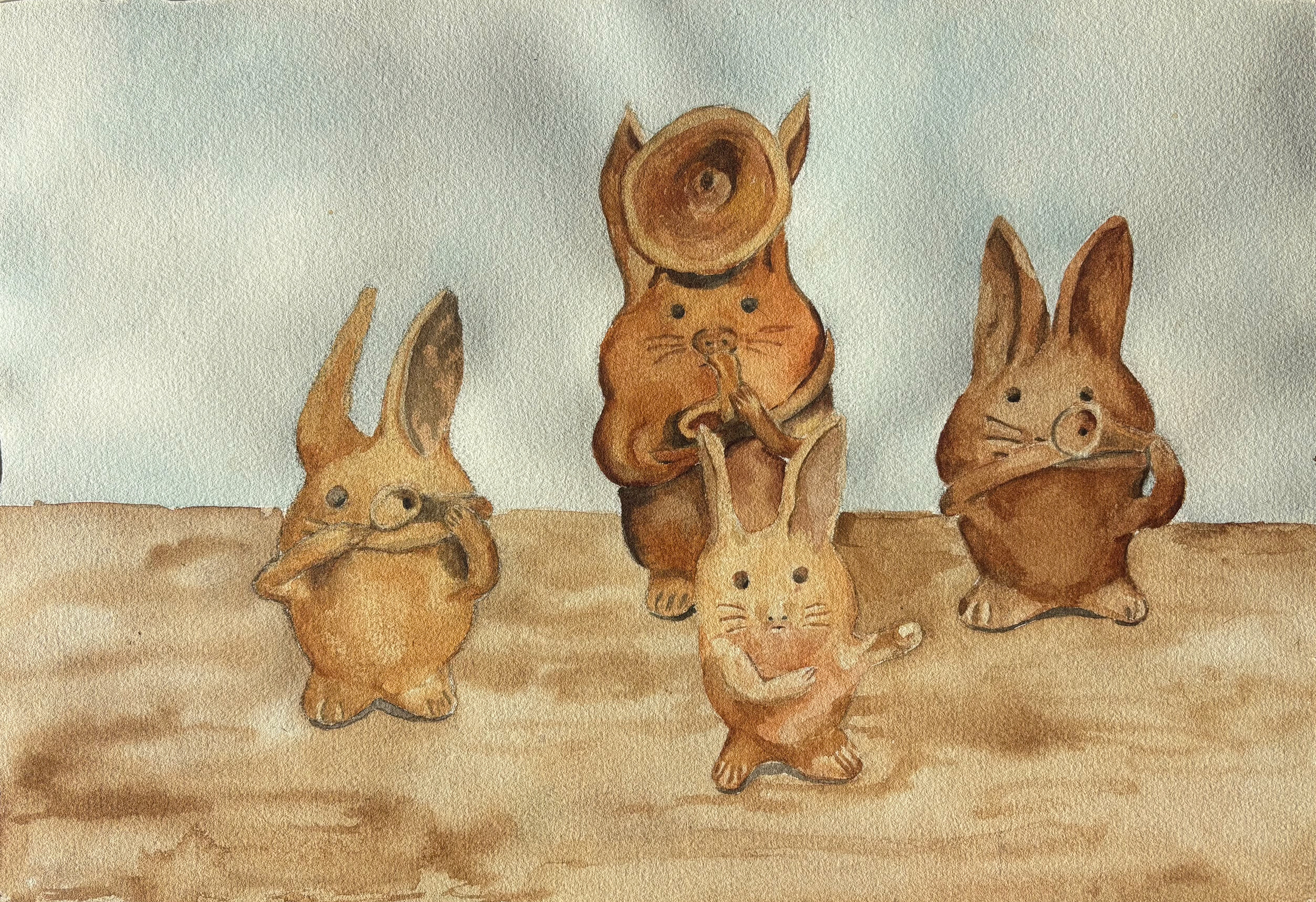 los conejos músicos (o alternativo: la banda), watercolor and graphite (and a drop or so of jamaica) on paper, 15”x10.2”, 2026