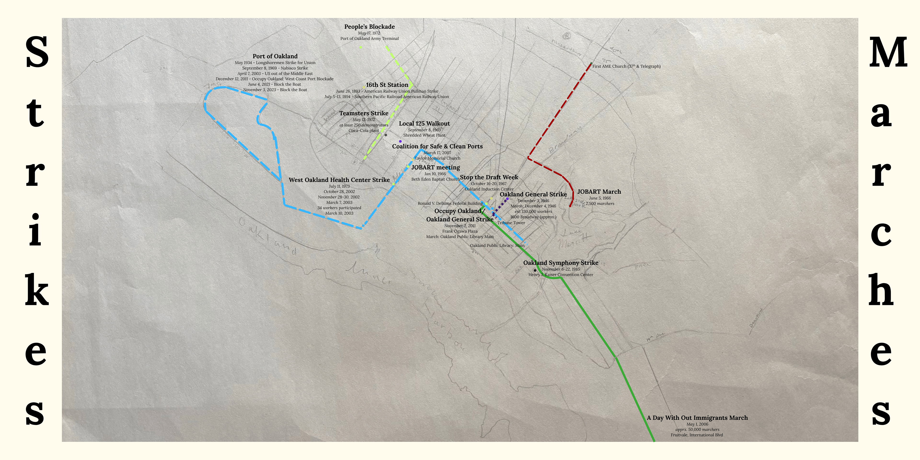 page 1 of newspaper, hand-drawn map of West Oakland and Downtown with digital overlay, 9"x18"