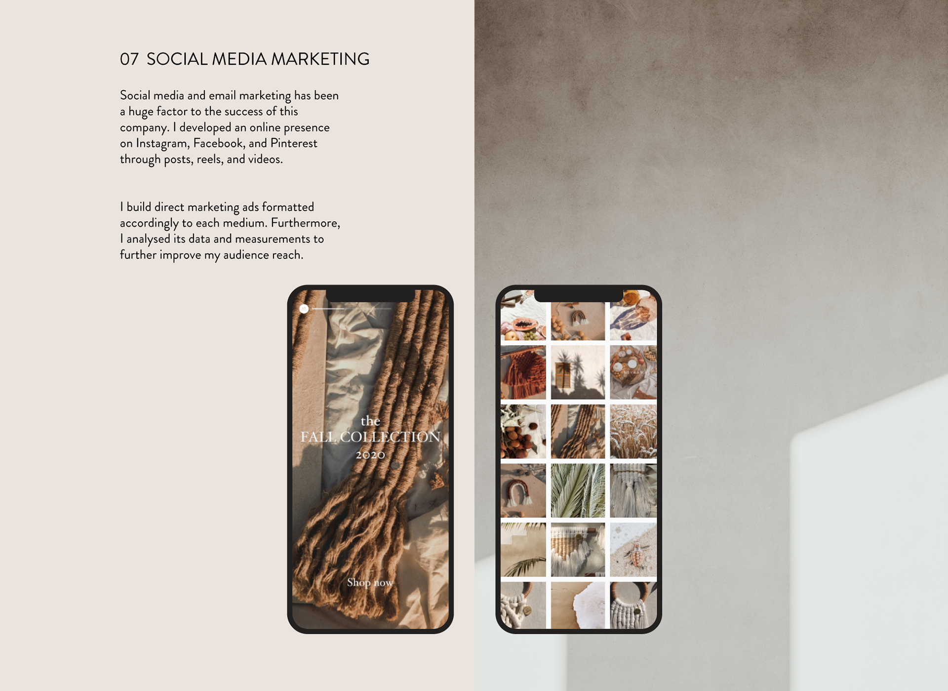 Social Media Content: Instagram stories, reels, posts, videos and ads. Facebook ads, posts, and stories. Pinterest pins and ads.
