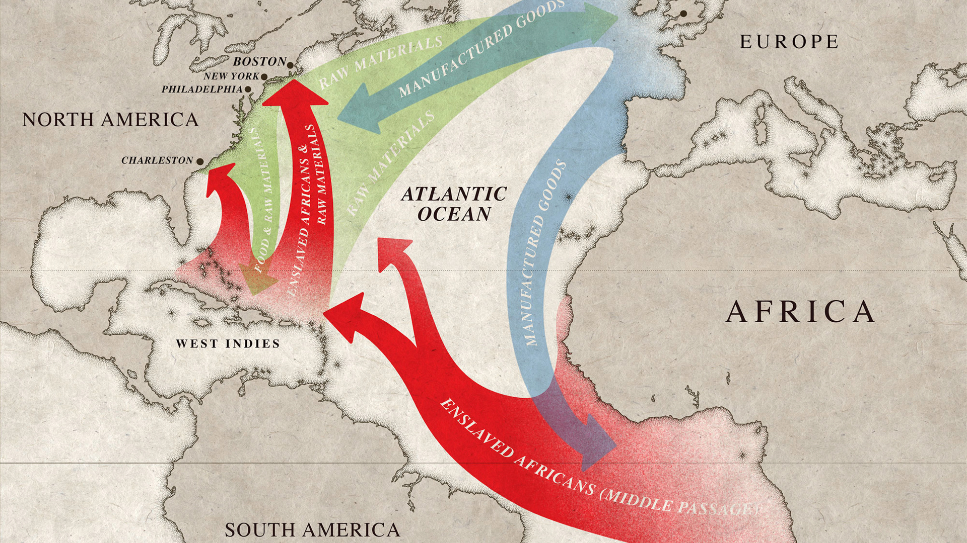 "National Park Service: Map showing the primary movement of Enslaved Africans, raw materials, and manufactured goods"