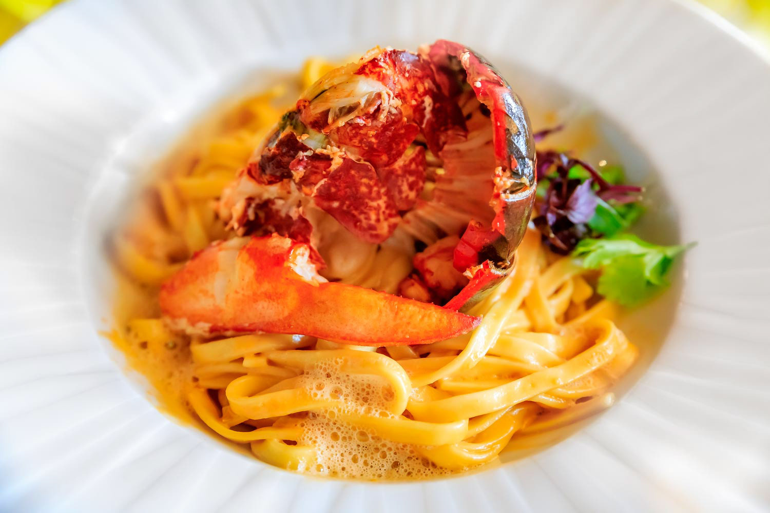 Pasta with foam and lobster tail and claw on a half shell