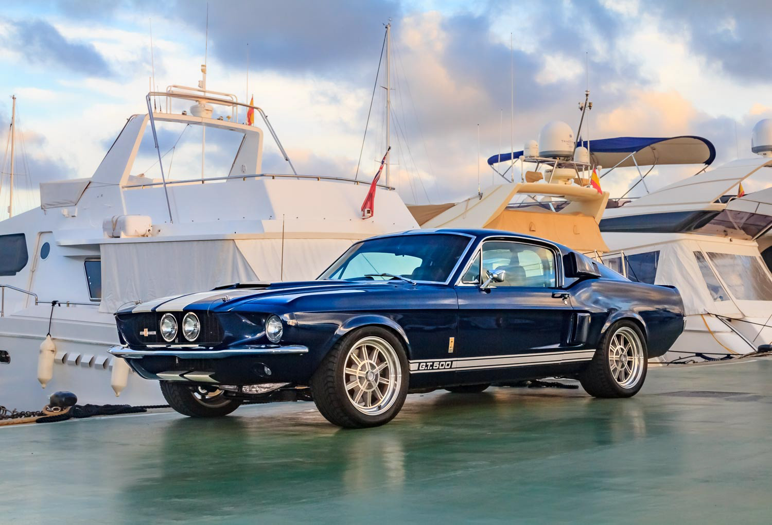 Classic rare American muscle car, vintage blue Ford Mustang Shelby GT-500 Fastback on a pier in Palma de Mallorca in Mallorca on Balearic islands in Spain