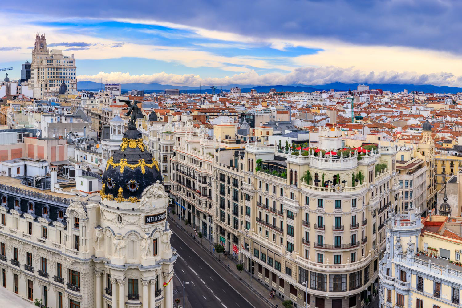 Aerial view of Metropolis, one of the most beautiful buildings in Madrid Spain and Gran Via, main shopping street 