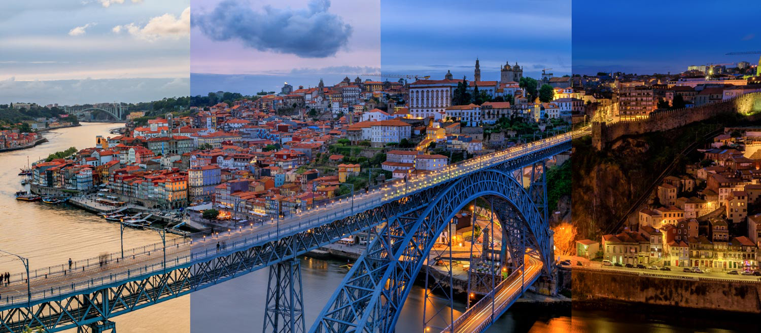 Panoramic sunset timeslice of Porto Portugal cityscape with Dom Luis I Bridge and Douro River