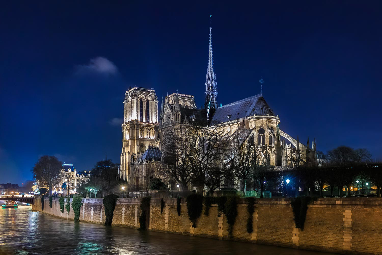 View over Seine onto the illuminated back side of Notre Dame de Paris at night in Paris France