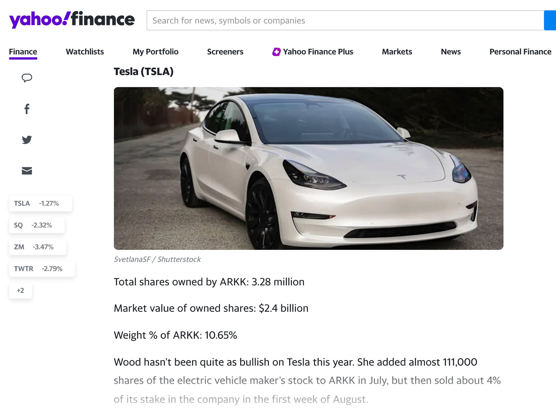 Yahoo Finance: Tesla TSLA Stock