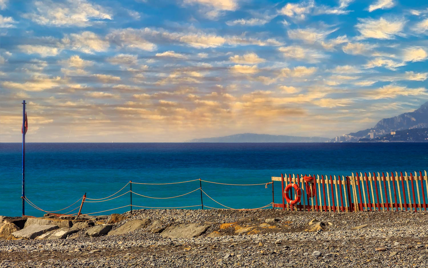 Scenic view of a beautiful Mediterranean beach in the town of Ventimiglia in Liguria Italy 