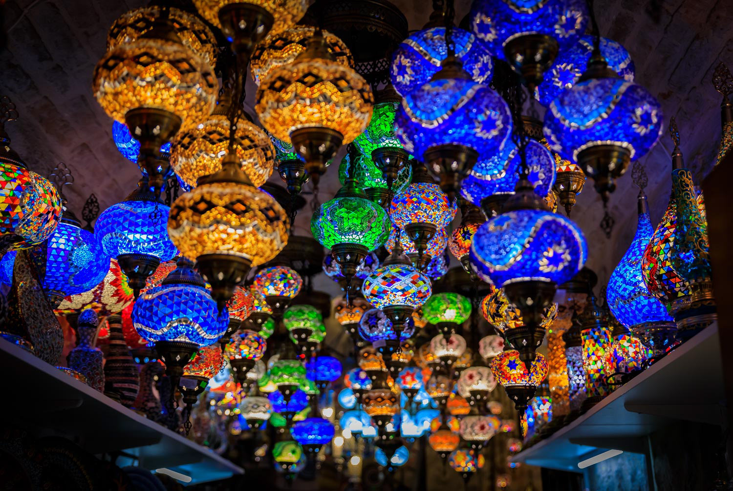 Traditional colorful decorative Turkish oriental lamps for sale in at a souvenir shop in Kotor old town in Montenegro