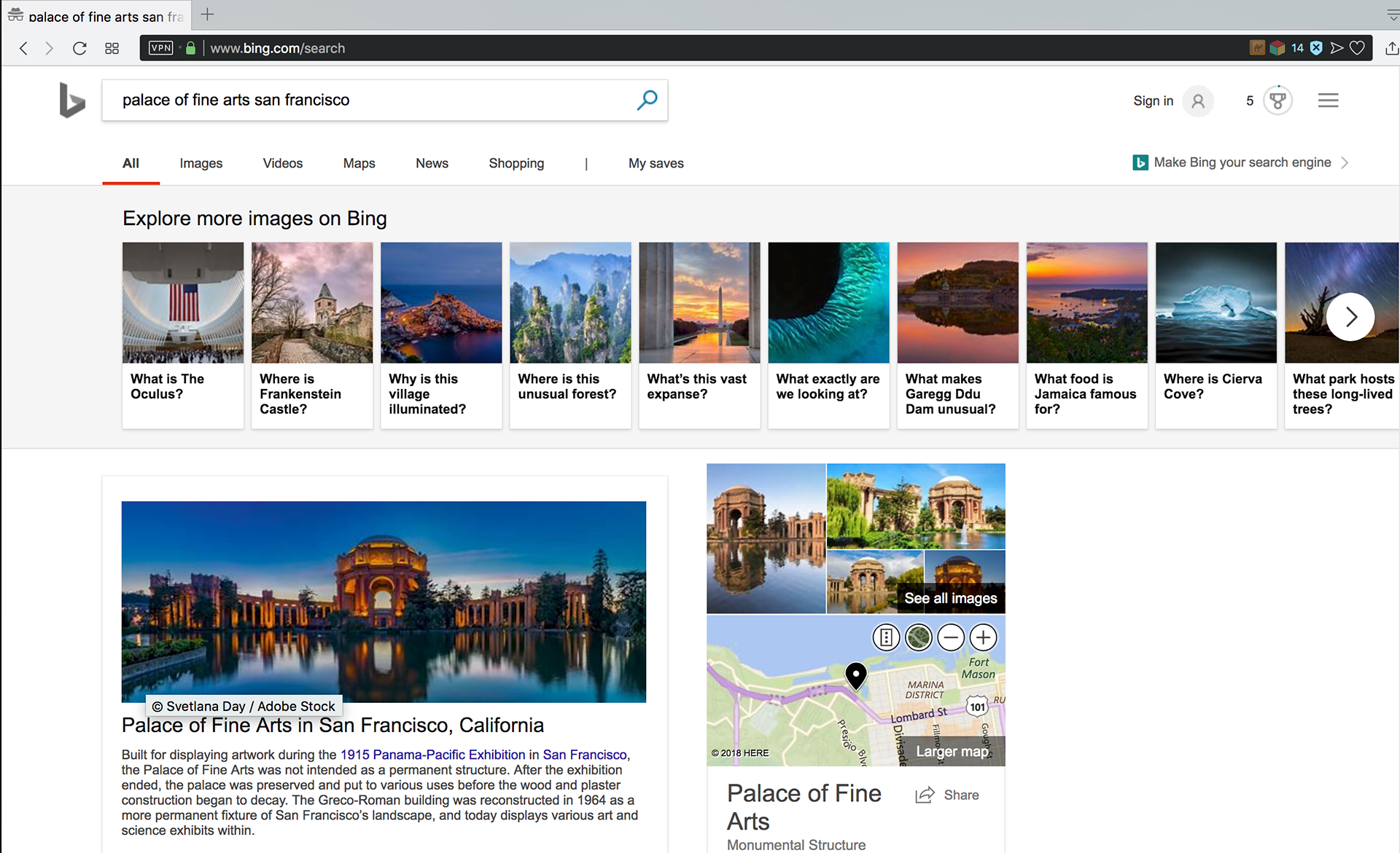 Microsoft Bing landmark home page: Palace of Fine Arts at sunset