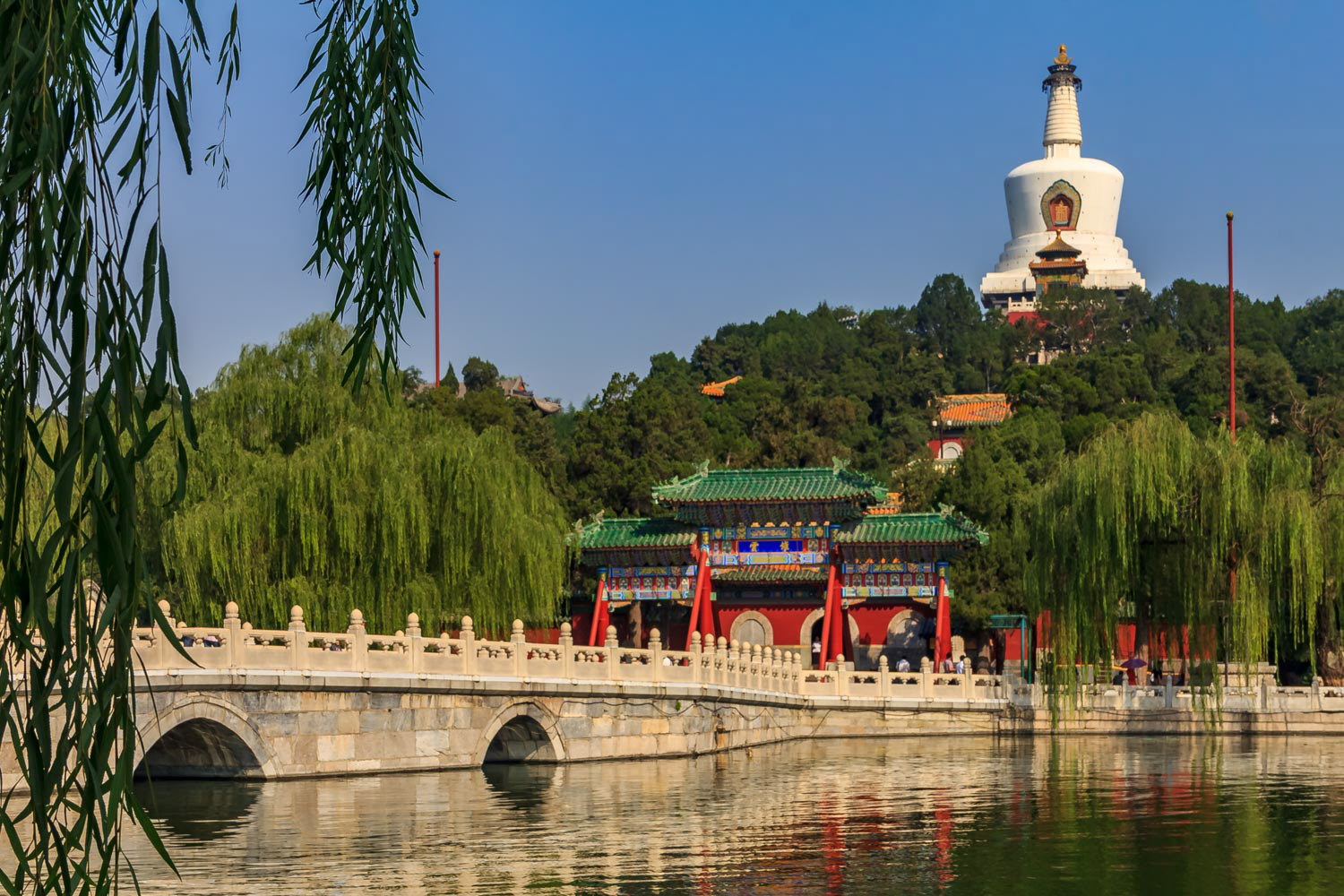 Yongan Bridge in Beihai Lake Park and the Jade Island with Bai Ta White Pagoda or Dagoba in Buddhist Yong An (Temple of Everlasting Peace) in Beijing, China