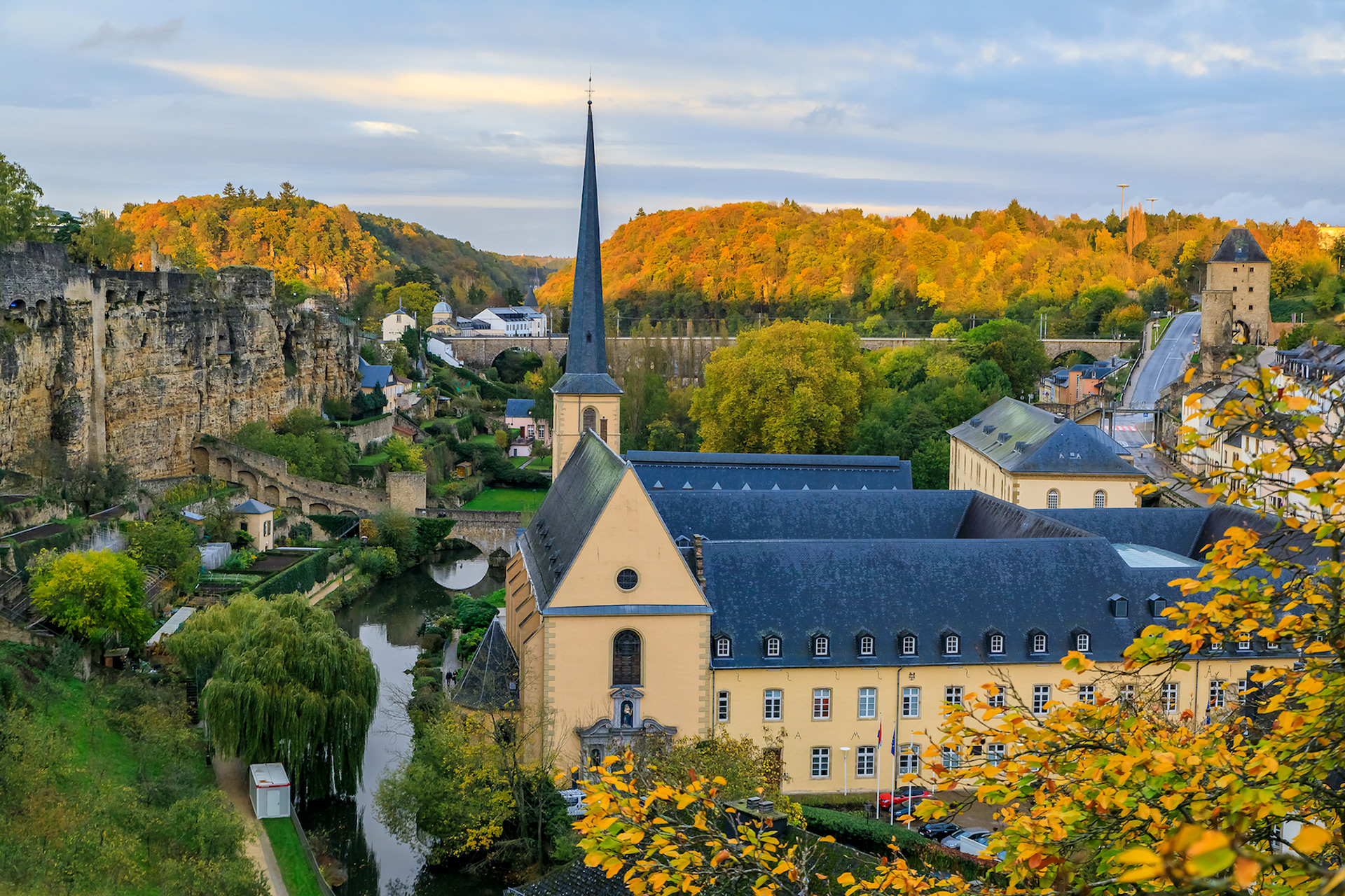 Aerial view of the Neumunster Abbey in the UNESCO World Heritage Site, old town of Luxembourg with its ancient wall