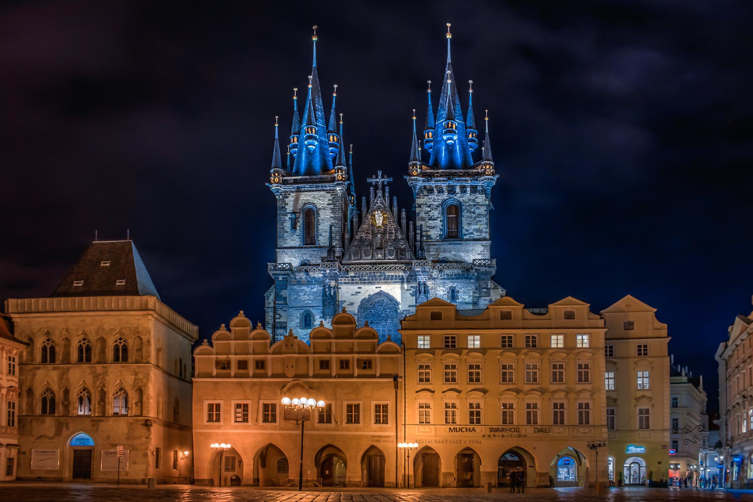 Night view of Tyn Cathedral or Church of Our Lady (Staromestske namesti) on historic square in the Old Town of Prague, Czech Republic