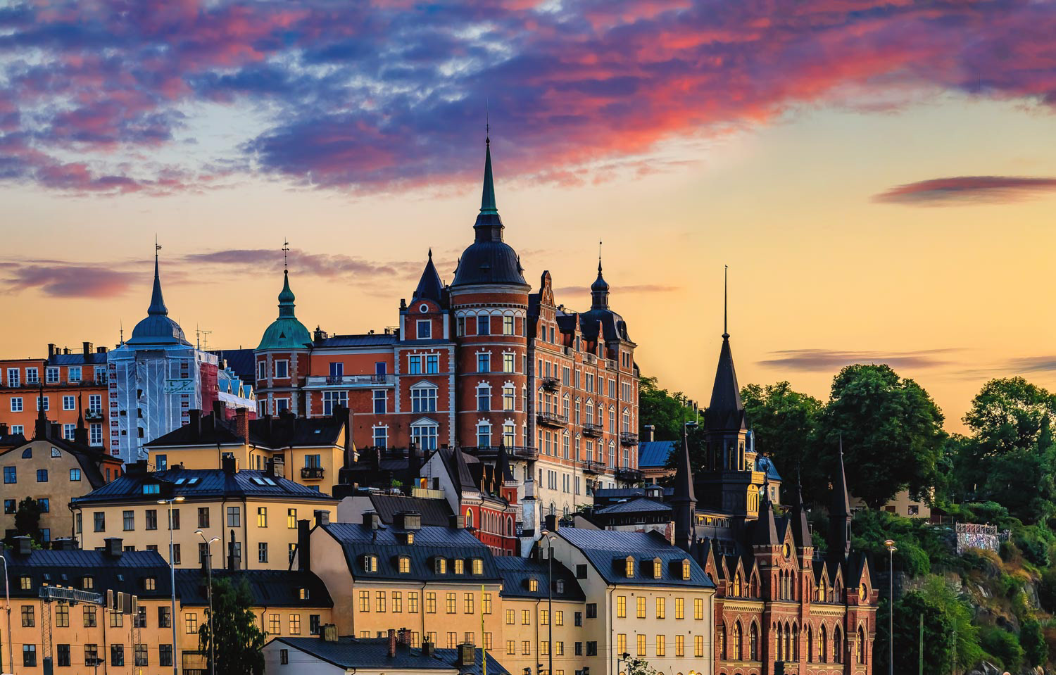 View onto the gothic buildings of old town Stockholm in Sweden at sunset