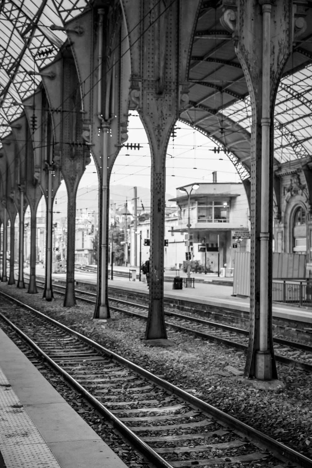Tracks at the train station in Nice France, black and white