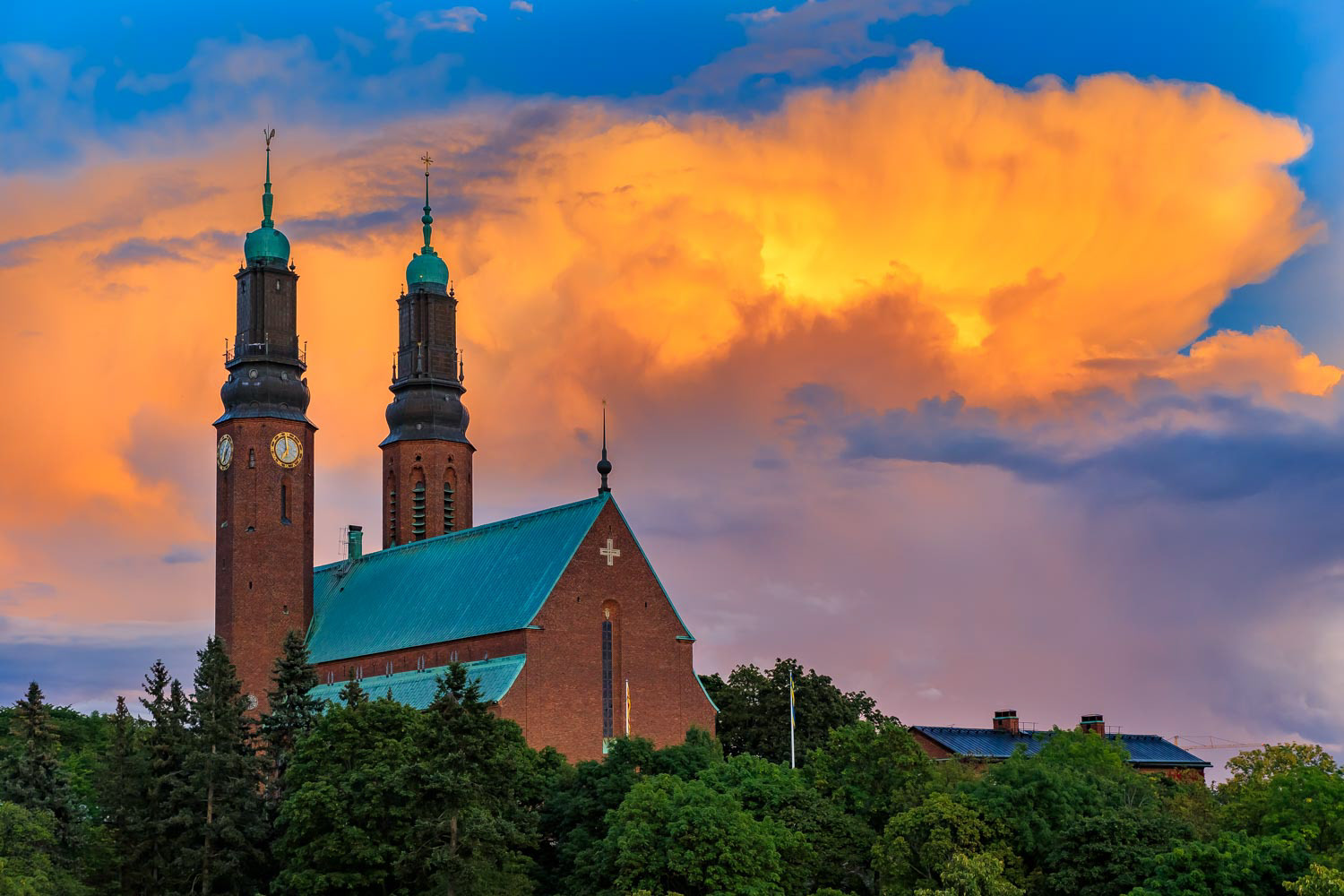 Colorful sunset at Hogalid Church in the Sodermalm district of Stockholm Sweden