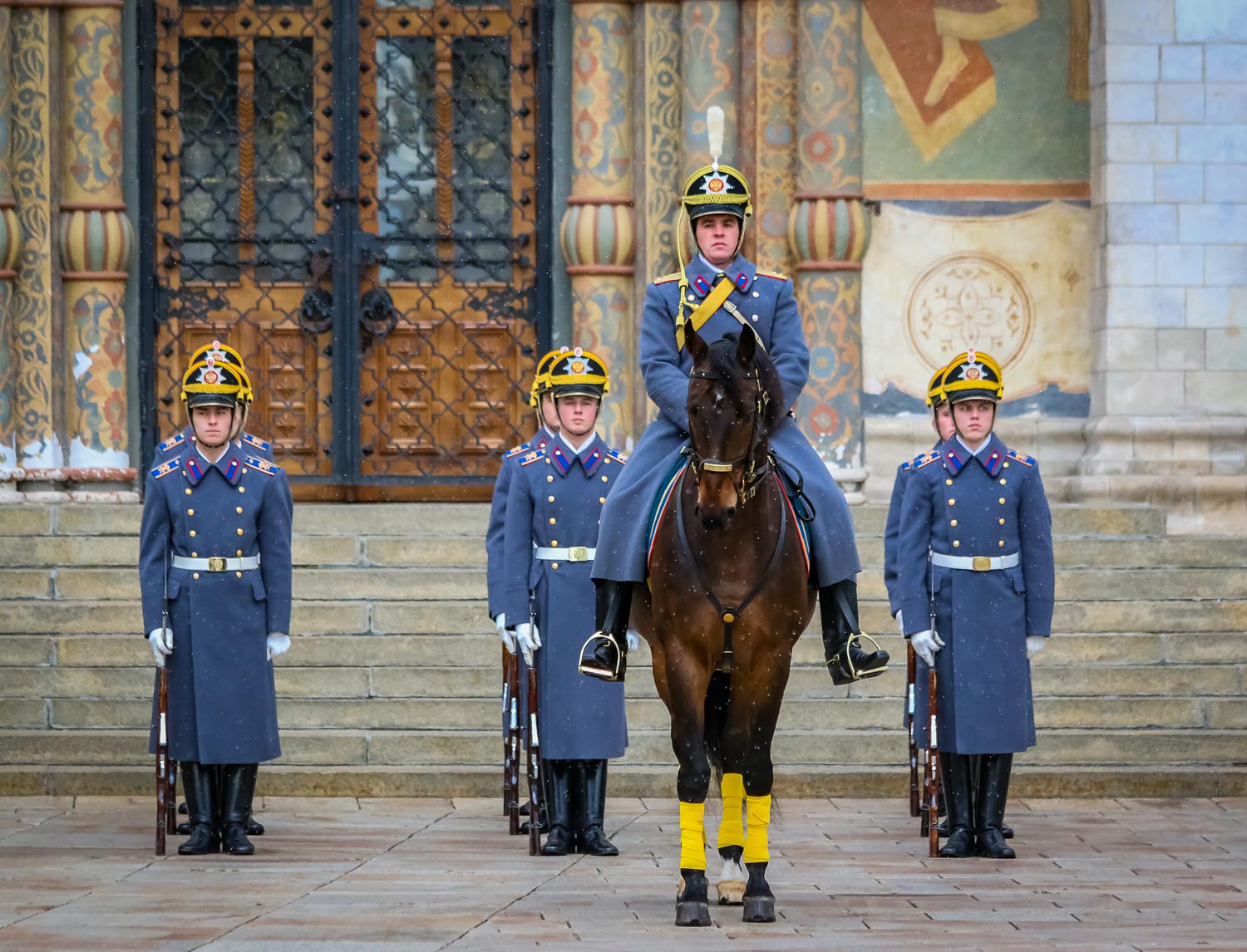 Changing of the Presidential Guards Ceremony, in Moscow Kremlin, Russia in the winter snow