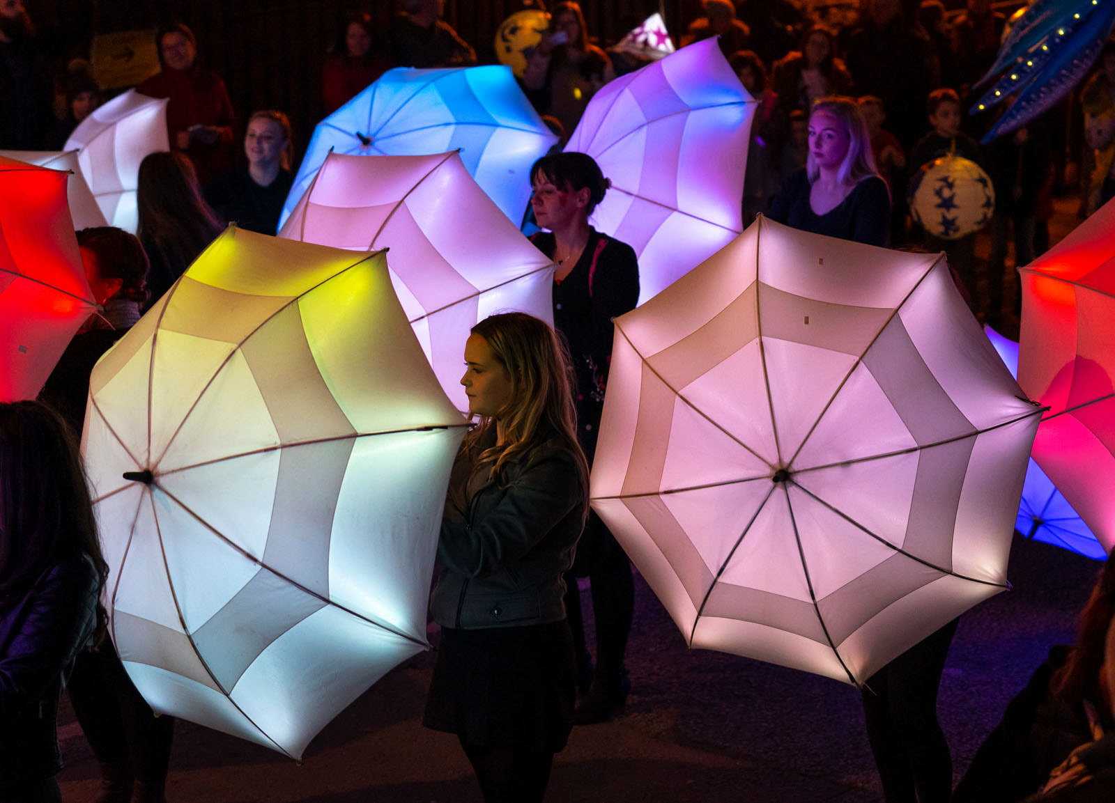 Umbrellas, lit for the Illuminate Festival in Oldham