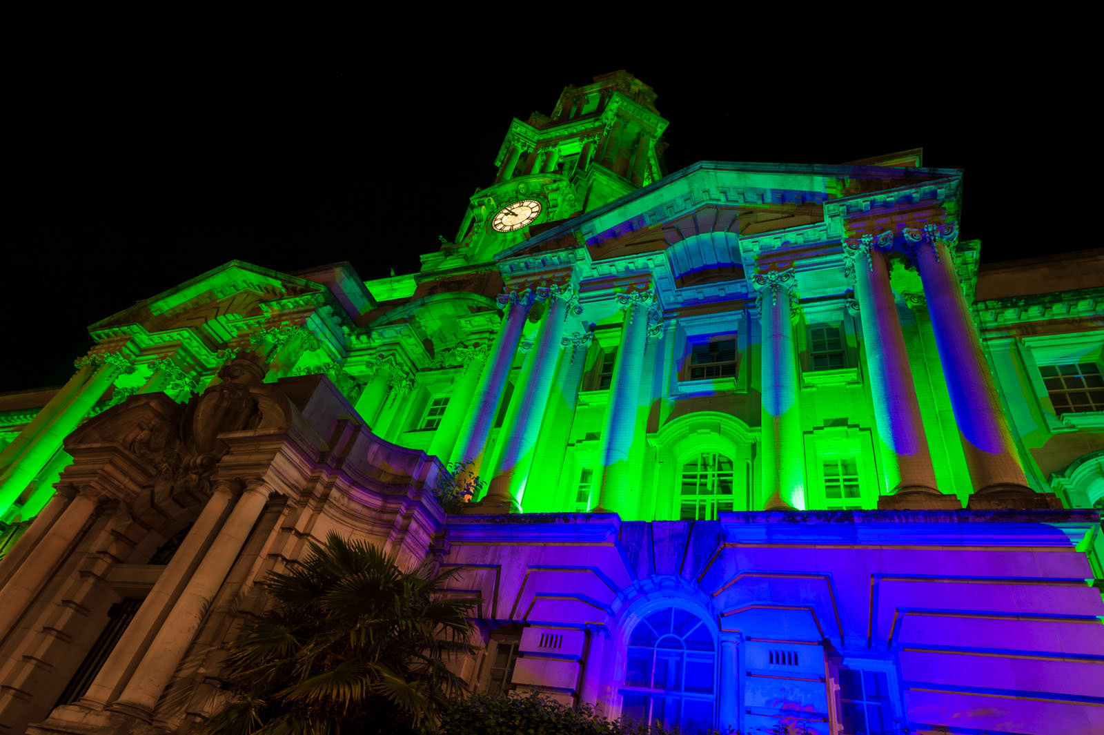 Town Hall Stockport, lit for Recycle Week