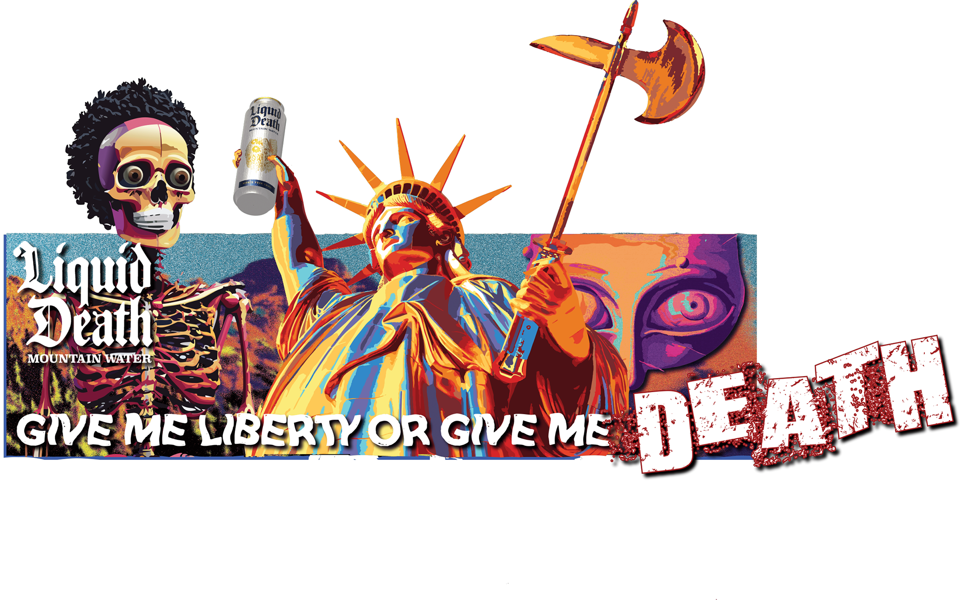 This surreal billboard ad has the Statue of Liberty so it is to be designed to strategically captivate passersby with surreal imagery and provocative messaging of “GIVE ME LIBERTY OR GIVE ME DEATH”, enticing the audience to explore the brand further.