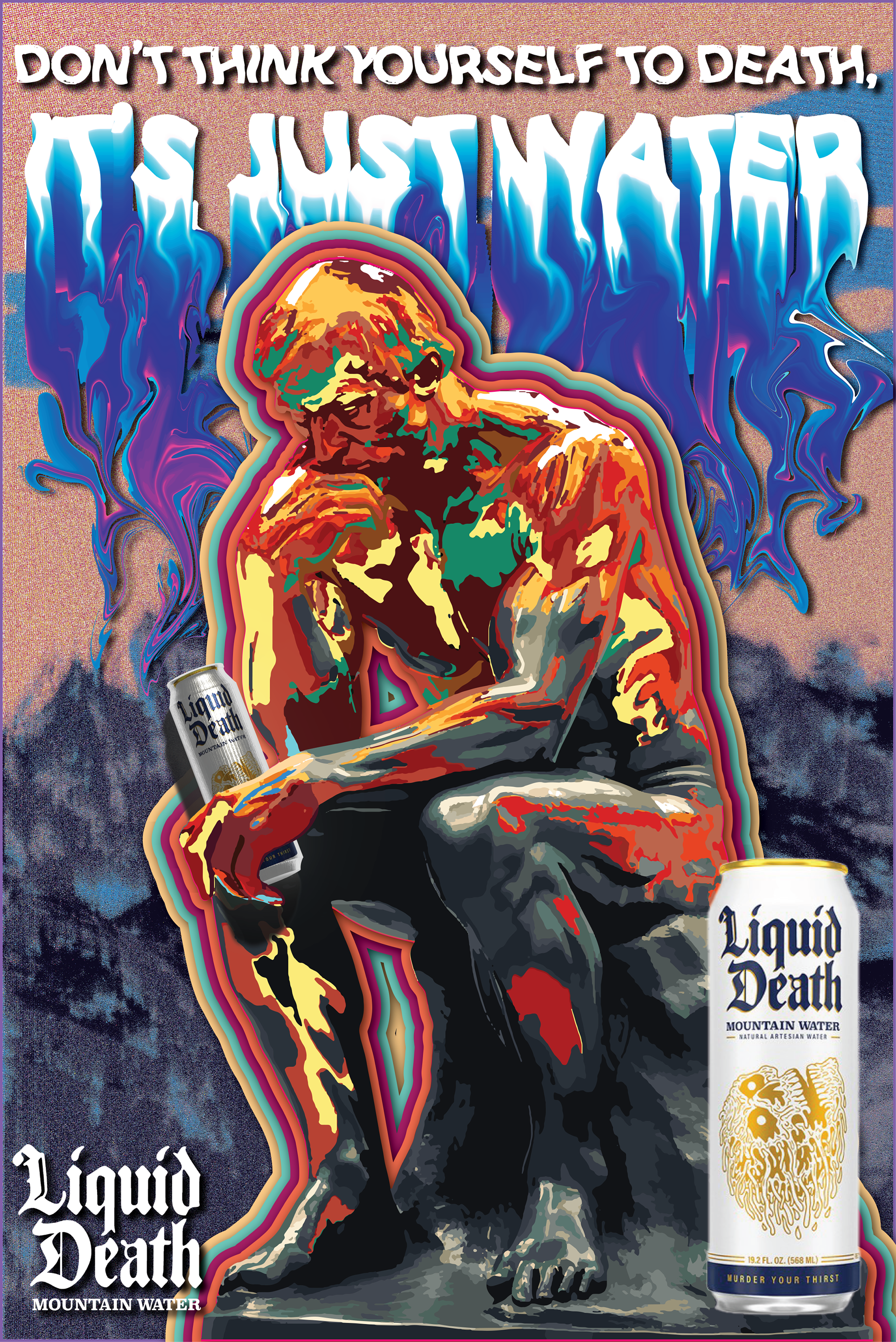 Complementing this is “The Thinker.” This surreal transit ad capitalizes on commuters' attention while waiting at a bus stop. Providing an immersive journey through the surreal world of Liquid Death and not to think to much of the can, because it’s just water.