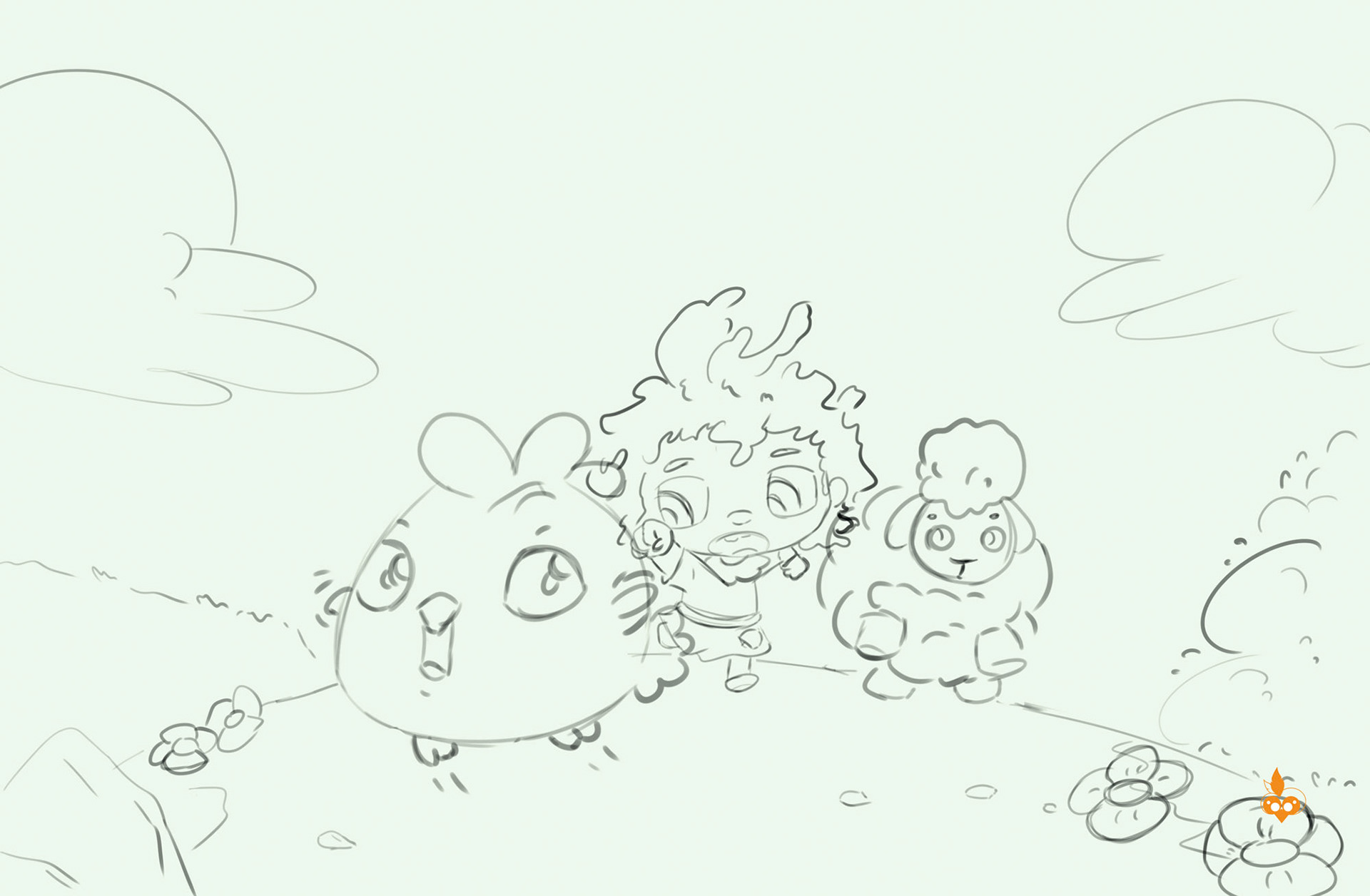 Themis et Moutmout poursuit Poupoule croquis