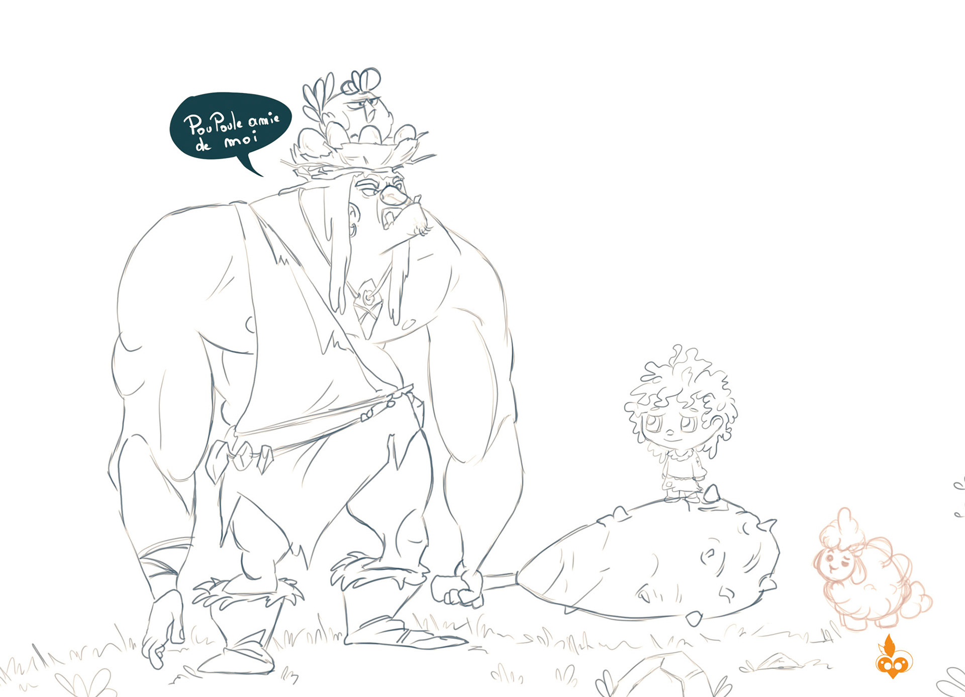 Themis et Moutmout face a un orque croquis