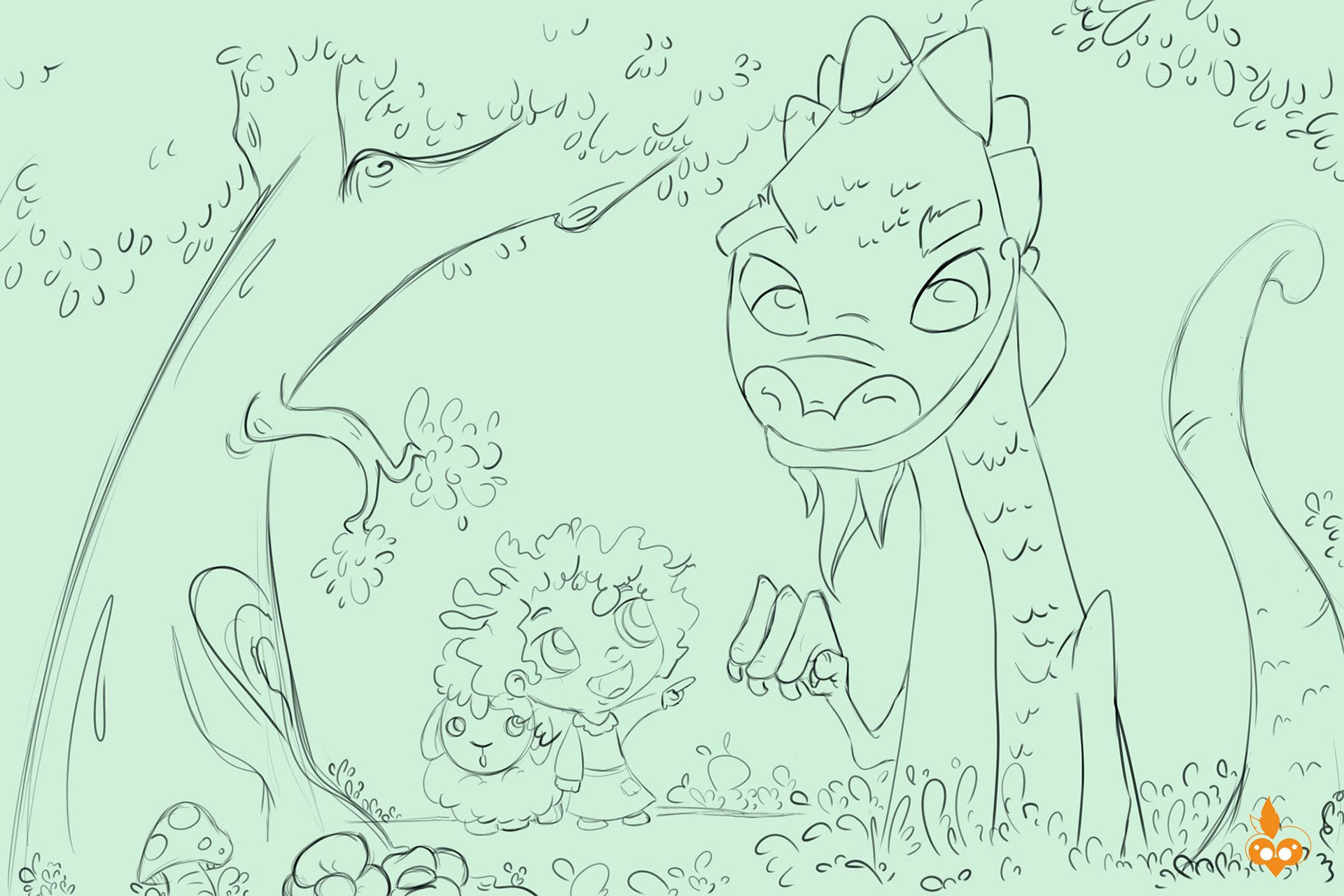 Croquis Themis et Moutmout rencontre le dragon