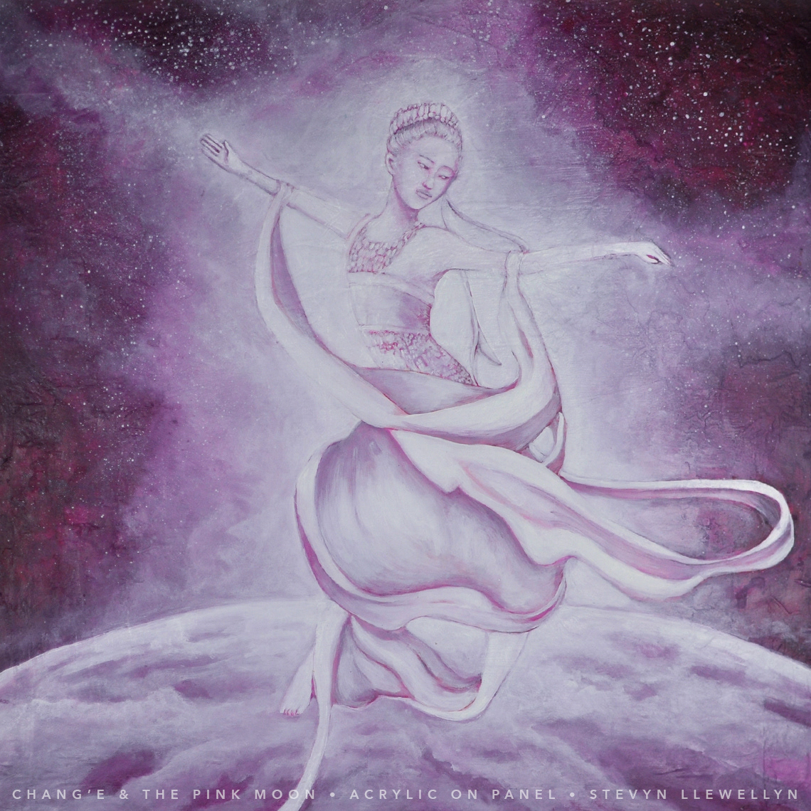 Chang’e & the Pink Moon • Acrylic on panel • 24” X 24” X .85” • 2023