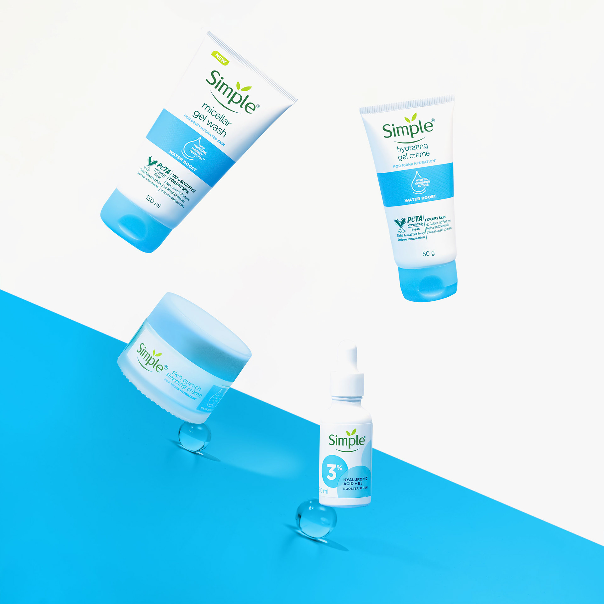 Product photography of Simple product range, micellar gel wash, hydrating gel creme, skin quench sleeping creme