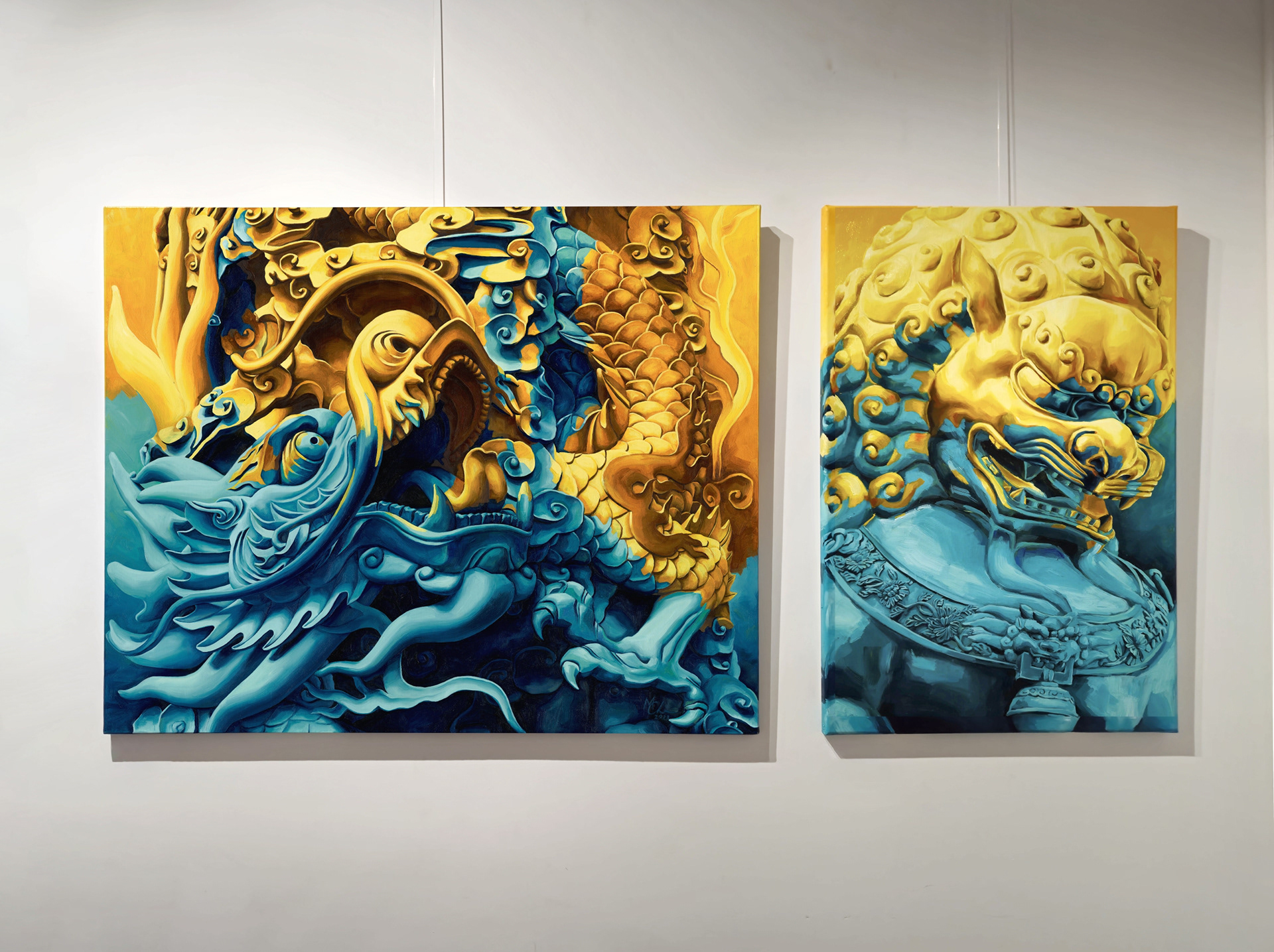 Left: Dawn, 2023, Oil on canvas, 80x100cm. Right: Blazing Lion, 2025, Oil on canvas, 82x54cm.