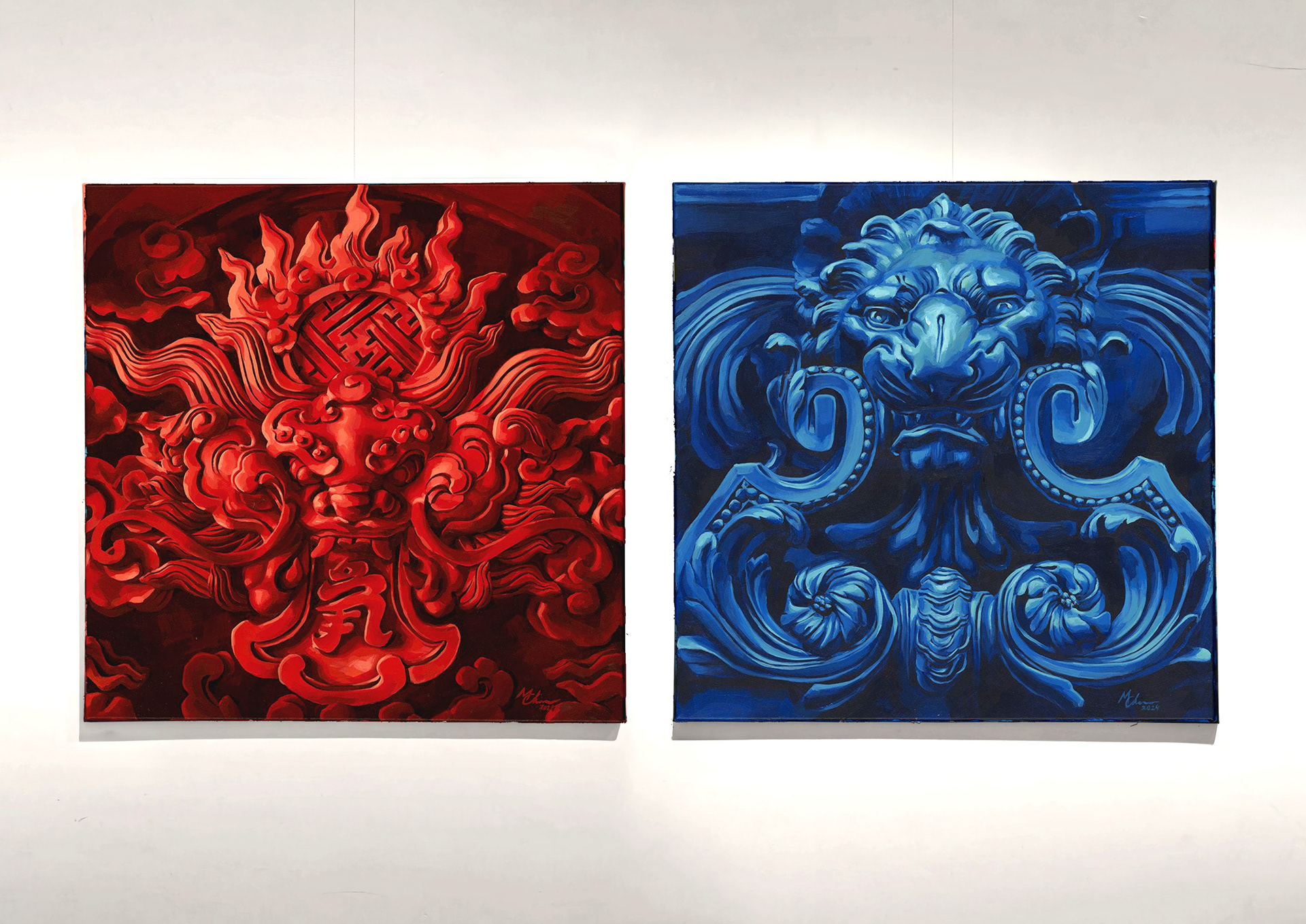 Left: Red Filtered Mirror, 2024, Acrylic on canvas, 50x50cm. Right: Blue Filtered Mirror, 2024, Acrylic on canvas, 50x50cm.