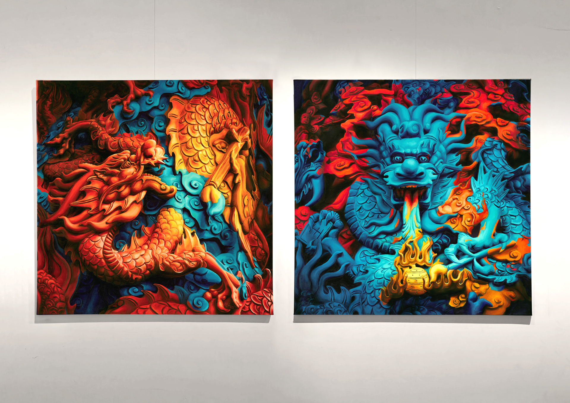 Left: The Cloud Calligrapher, 2023, Oil on canvas, 100x100cm. Right: The Fire Calligrapher, 2023, Oil on canvas, 100x100cm. 
