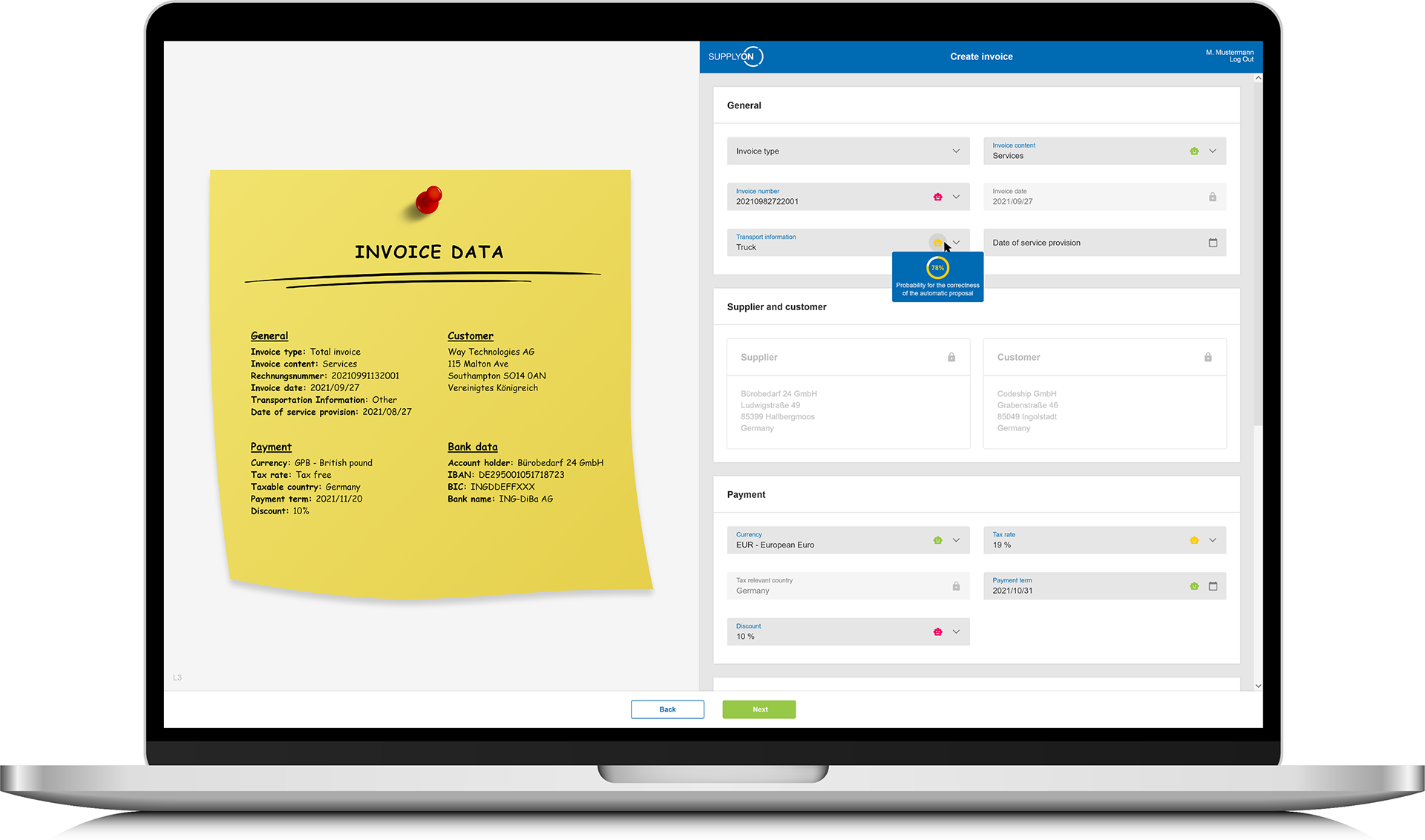Study prototype: invoice data (left) entered into an interactive form (right, Level 3), with AI pre-filled fields.