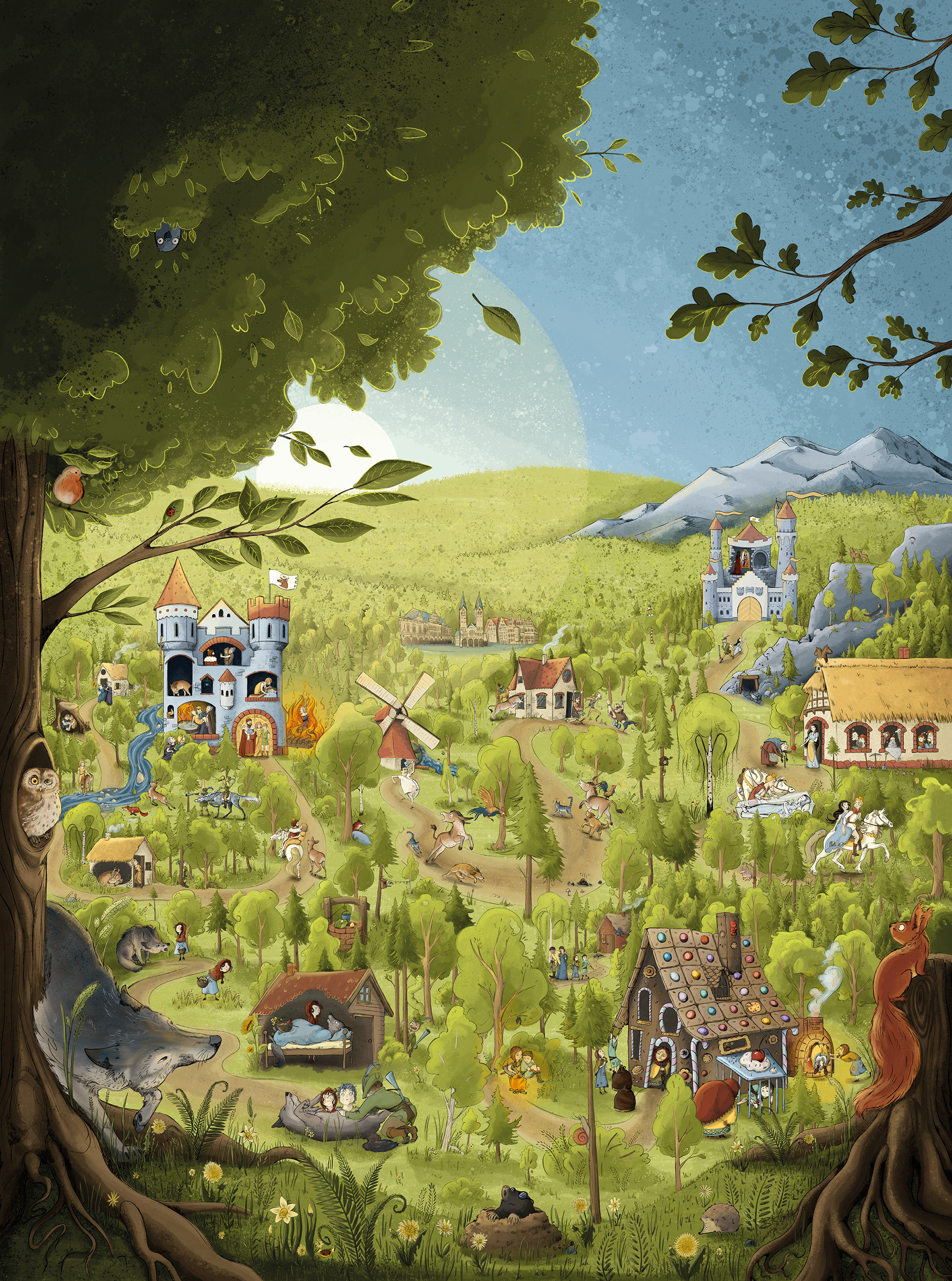 Wandfüllende Infografik die mehrere Märchen in einem gigantischen Wald abbildet.
