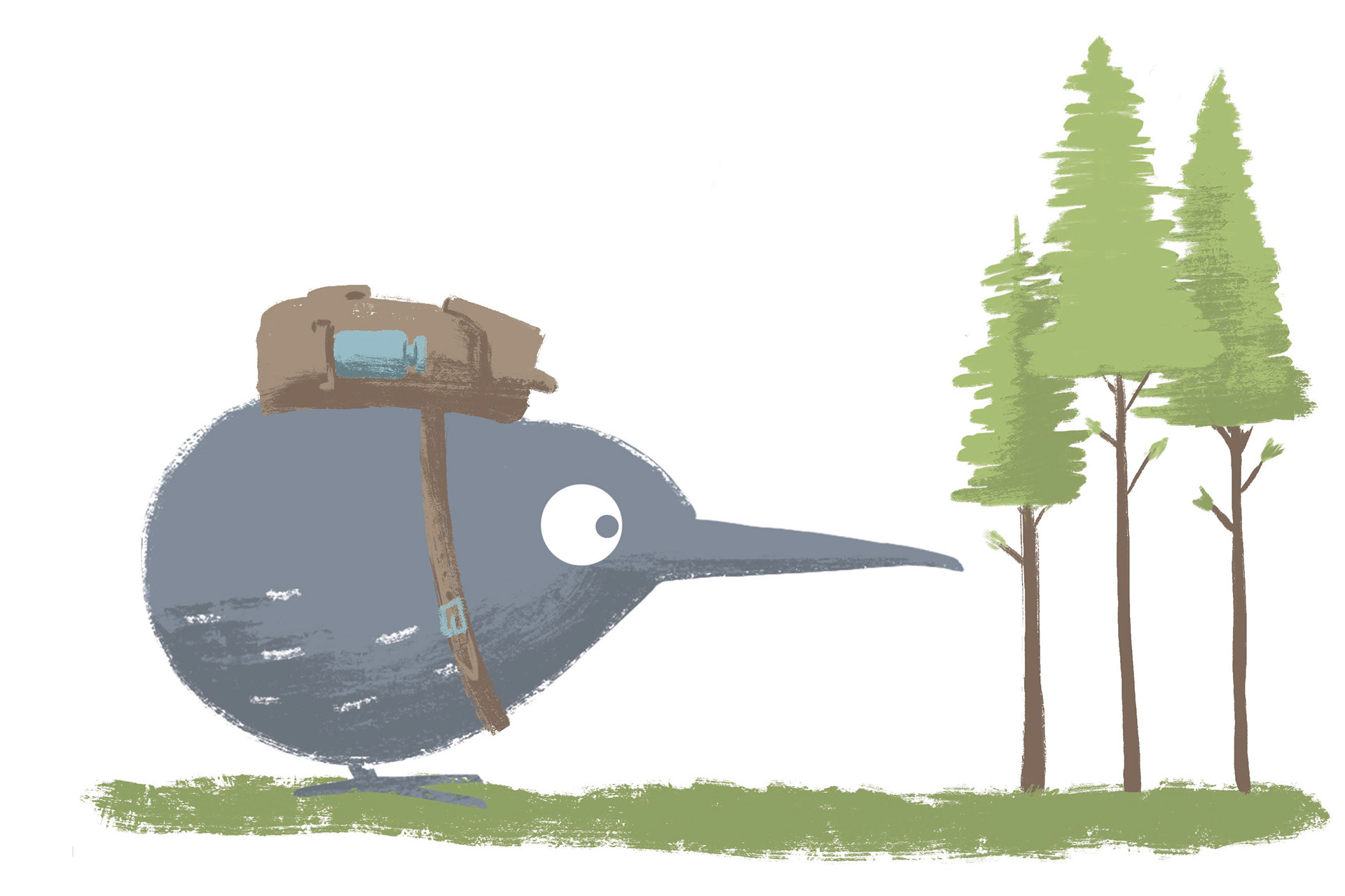 Kleiner Kiwi begibt sich mit seinem Rucksack auf die Reise