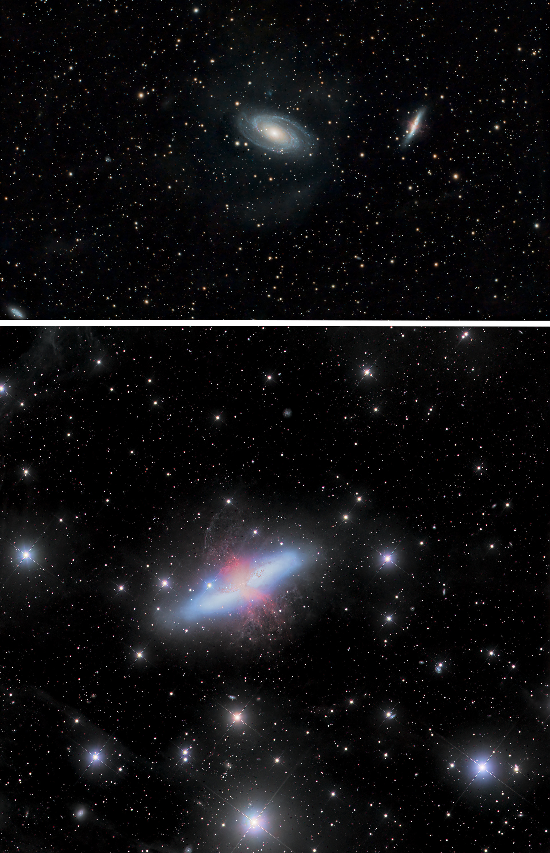 M82 Detalle Galaxia de Cigarro, acompañada en la imagen superior de Galaxia de Bode