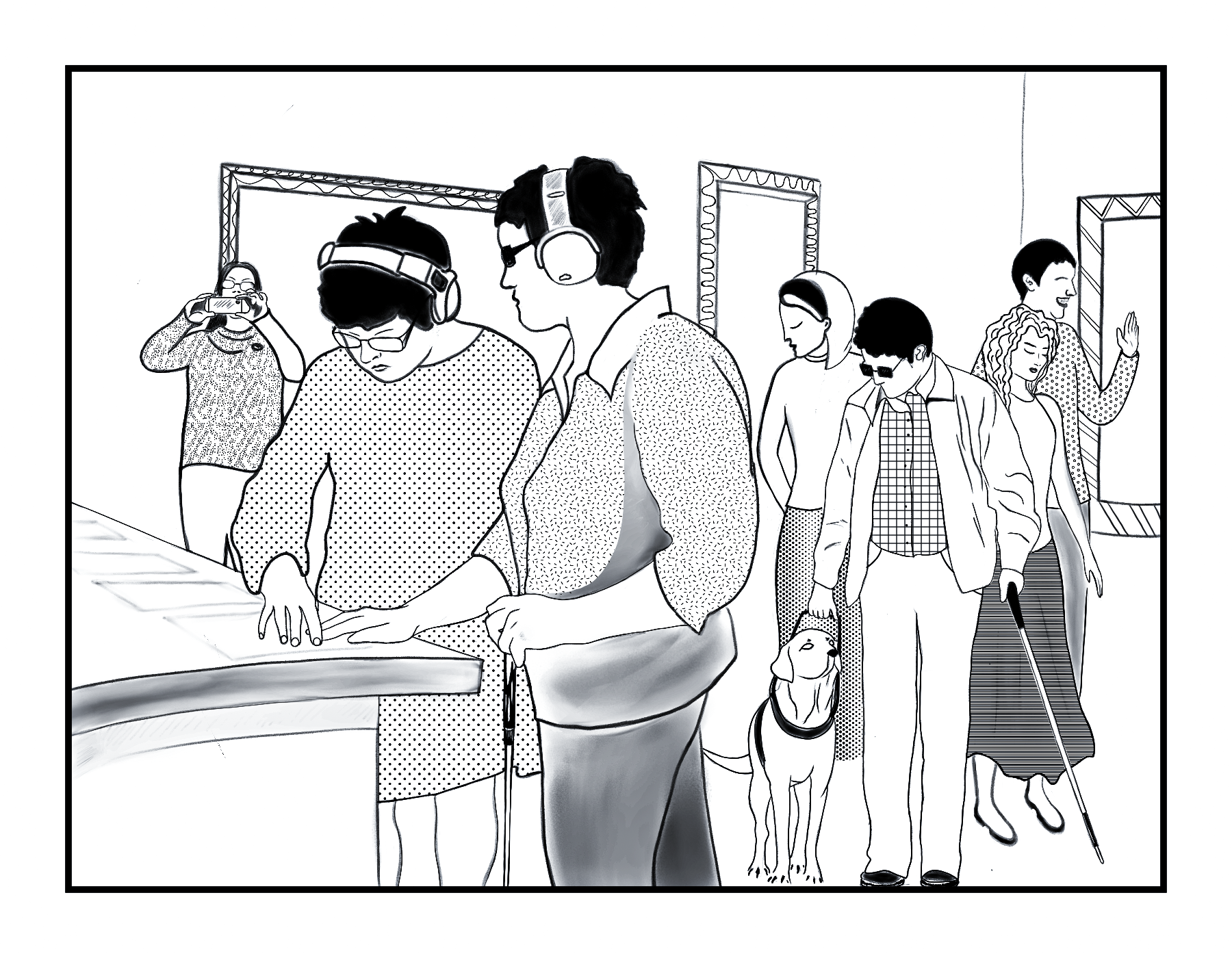 Accessibility and diversity checklist for museums illustration series. Work done for Kulttuuria Kaikille