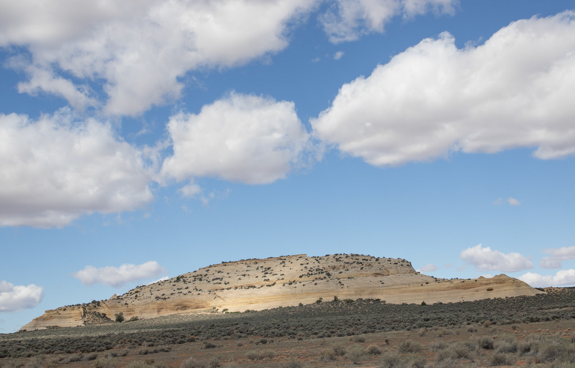 Layered sedimentary rock mesa rising above desert scrub under blue sky with scattered clouds in the American Southwest landscape.