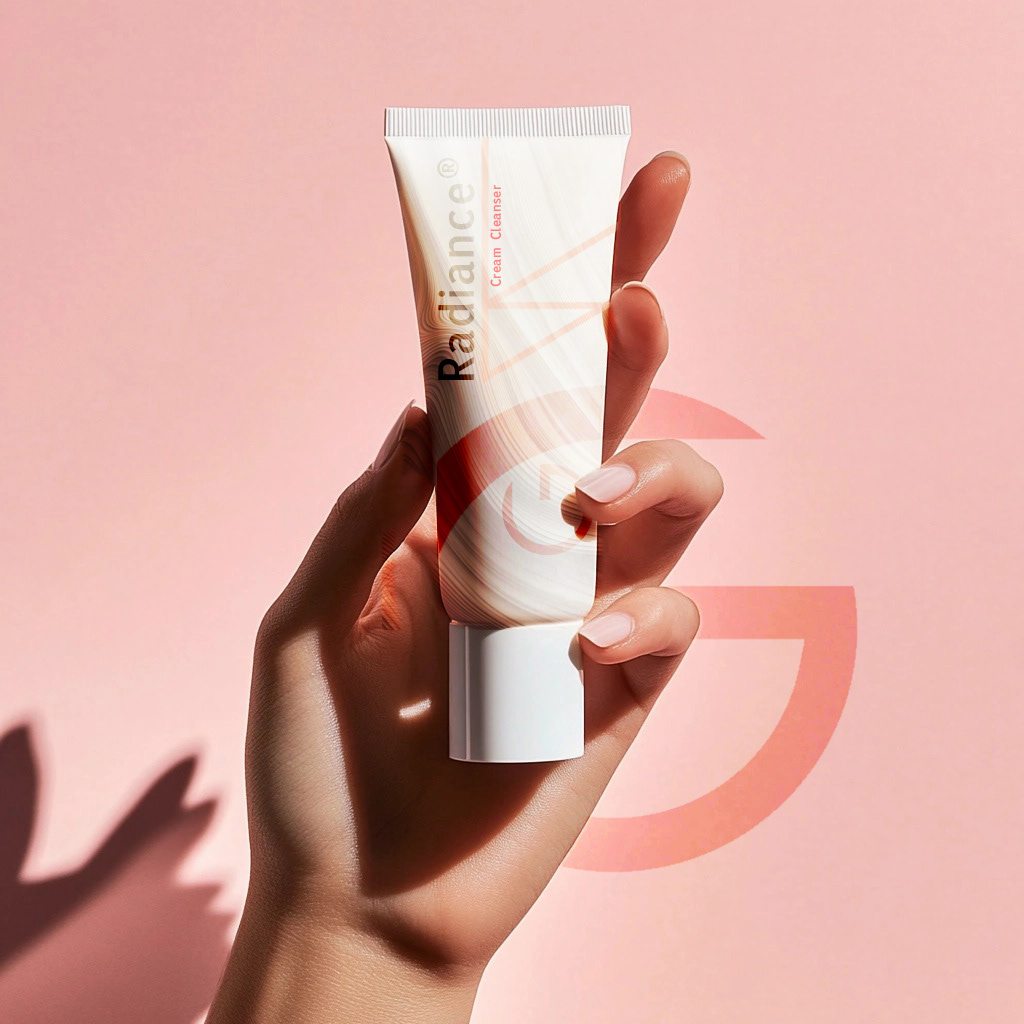 Close-up of a hand holding a skincare product, highlighting purity, safety, and human touch.