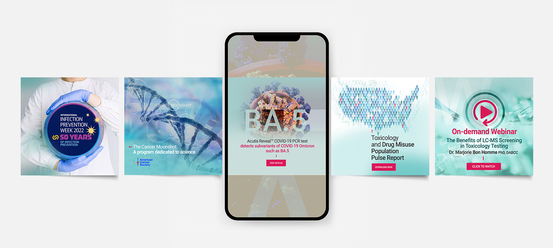 Social media post examples showcasing the consistent application of Acutis Diagnostics' new branding across platforms
