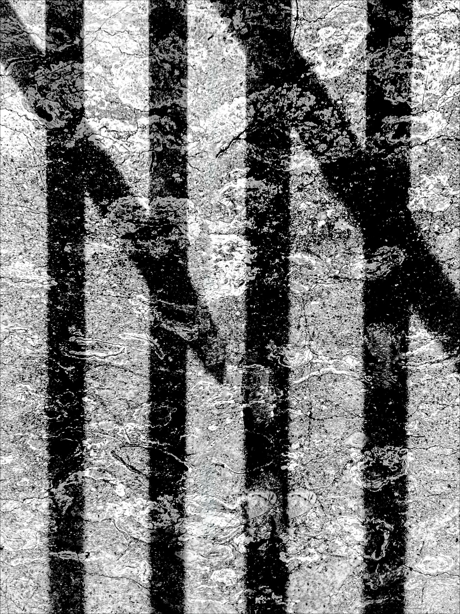 Travertine slab with black cross-shaped shadows and a central white fracture resembling lightning.